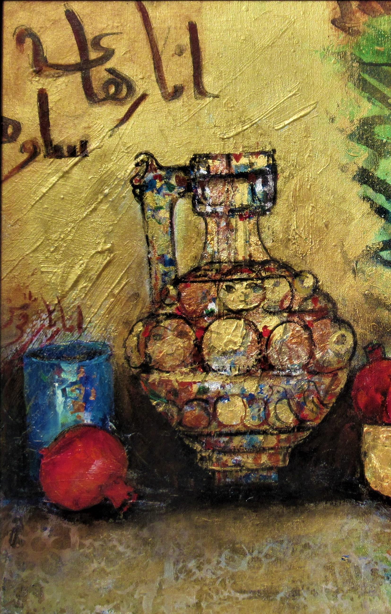 Pomegranates with Antique Vase - Romantic Painting by Nasser Ovissi