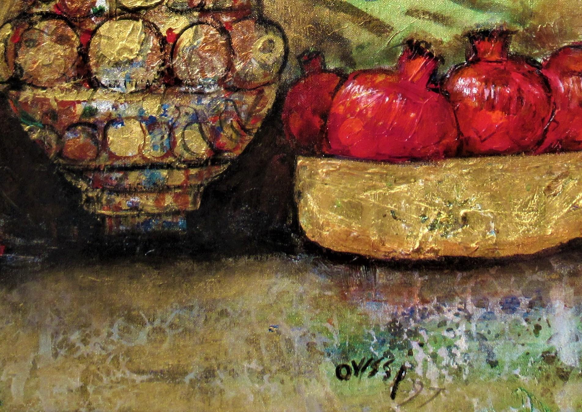 Pomegranates with Antique Vase - Brown Figurative Painting by Nasser Ovissi