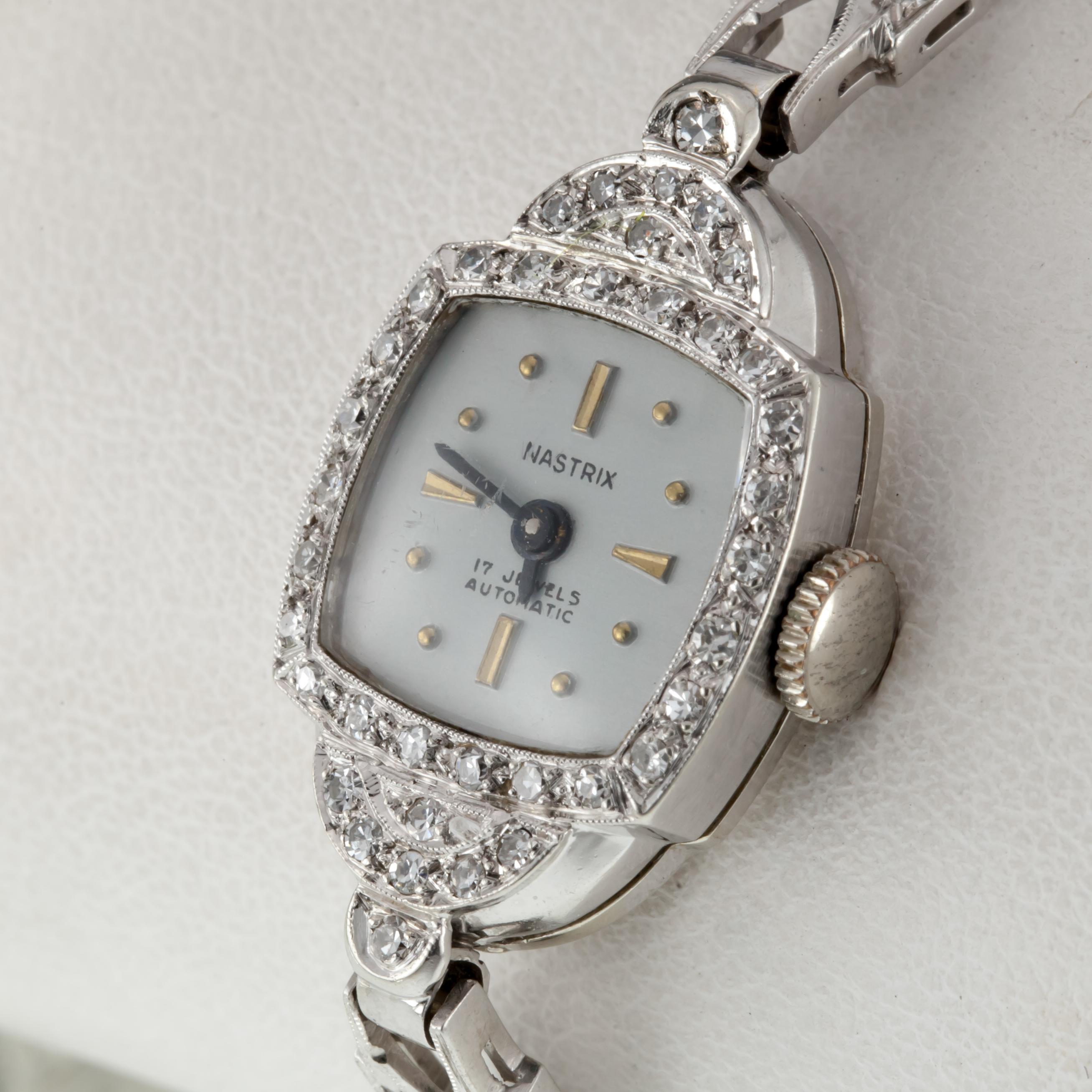 Nastrix Montre habillée à remontoir à la main en or 14 carats et platine avec bracelet en diamants pour femmes Bon état - En vente à Sherman Oaks, CA