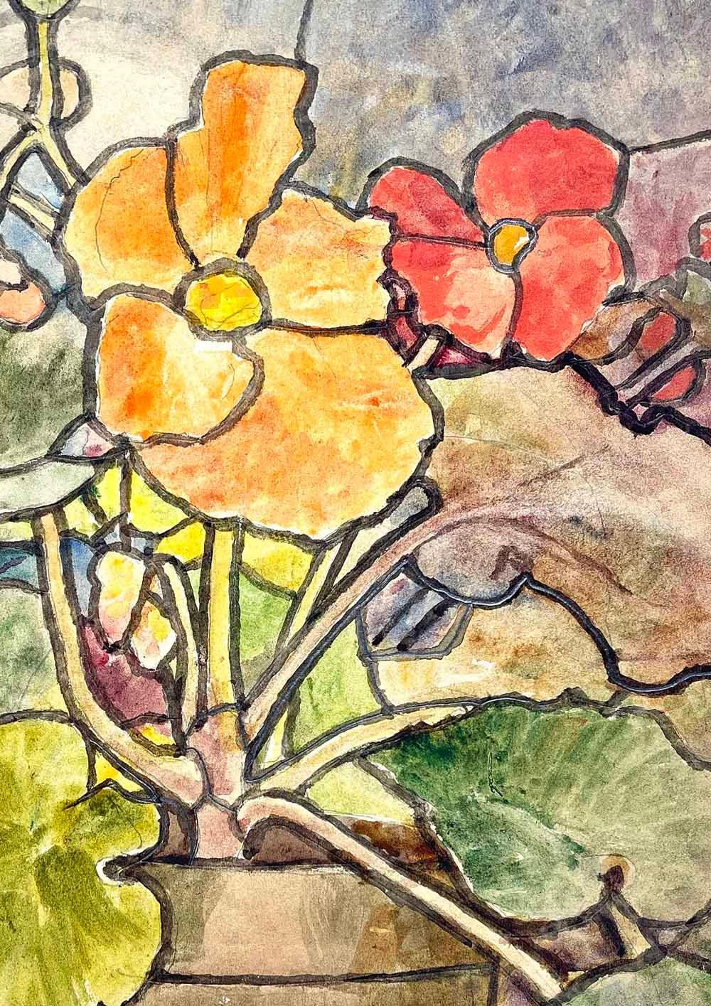 Beautifully painted in vivid tones of yellow-orange, mossy green, warm red and deep blue -- echoing the rich tones of the stained glass he employed -- this rare and gorgeous watercolor by Louis Comfort Tiffany was clearly painted to inspire and