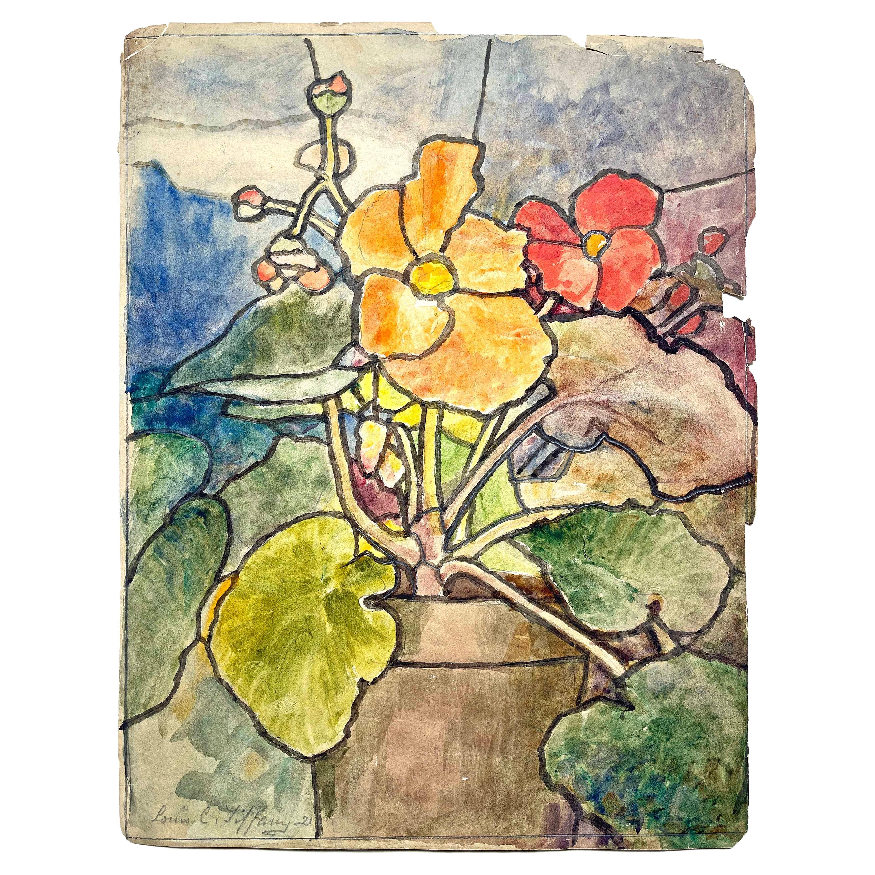 "Nasturtium, " Watercolor by Louis Comfort Tiffany for Stained Glass Window, '21 For Sale