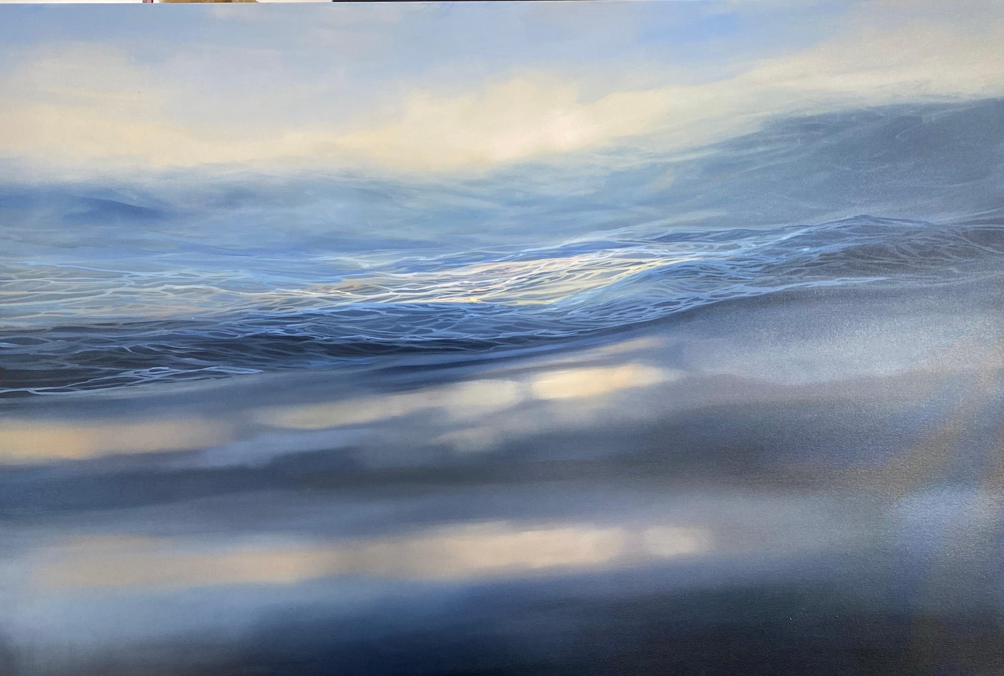 Nat Anderson Landscape Painting - Catching That First Morning Wave - the sunlight hitting the blue ocean wave