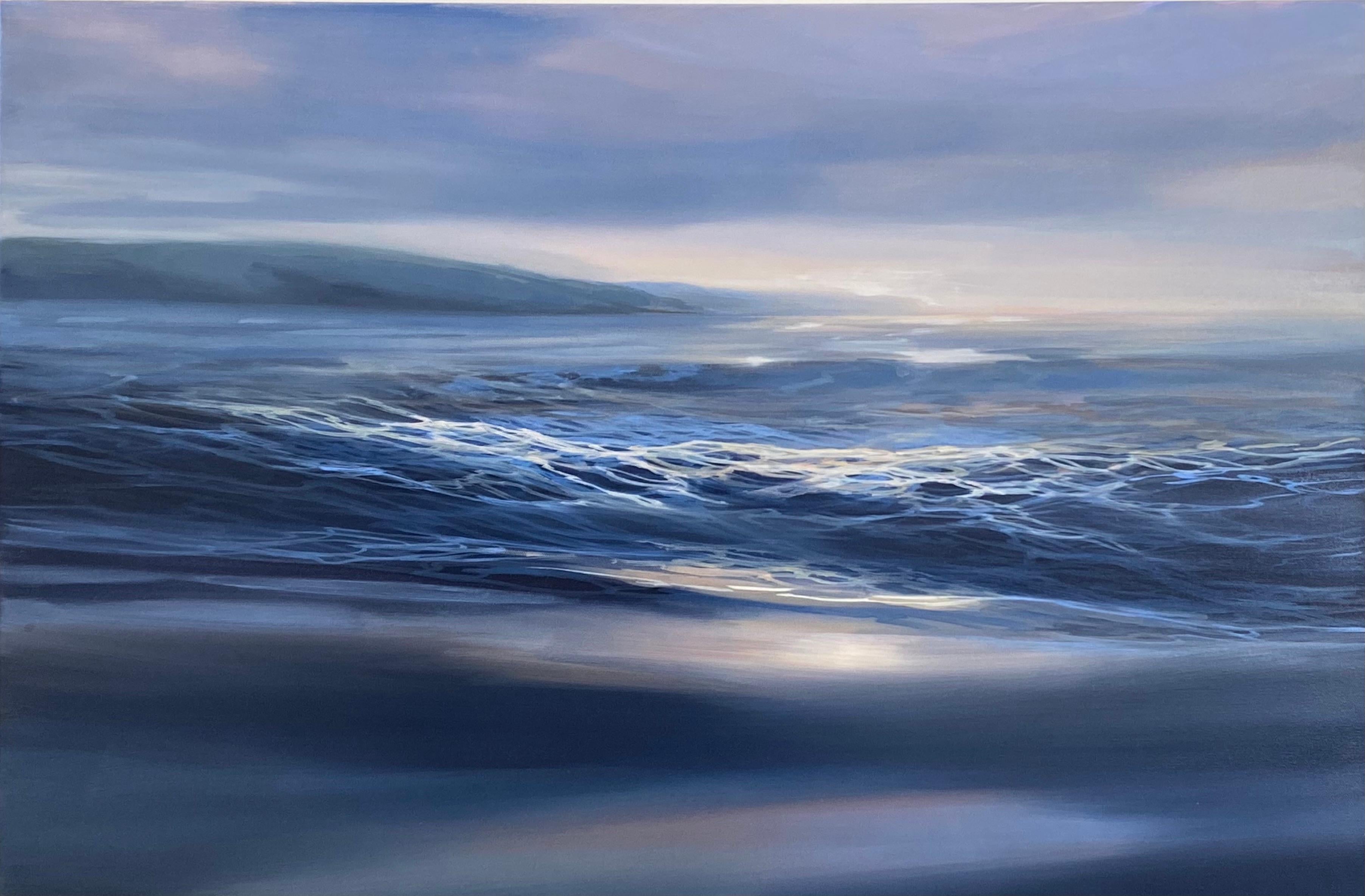 Nat Anderson Landscape Painting - The Sun's Final Kiss - ocean image fading to a distant headland, blue waves