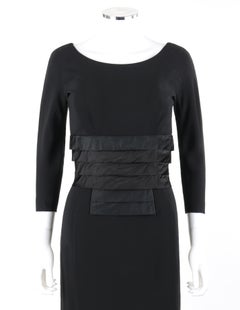 NAT KAPLAN c.1960s Black Silk Satin Tiered Pleat Waist Boat Neck Sheath Dress