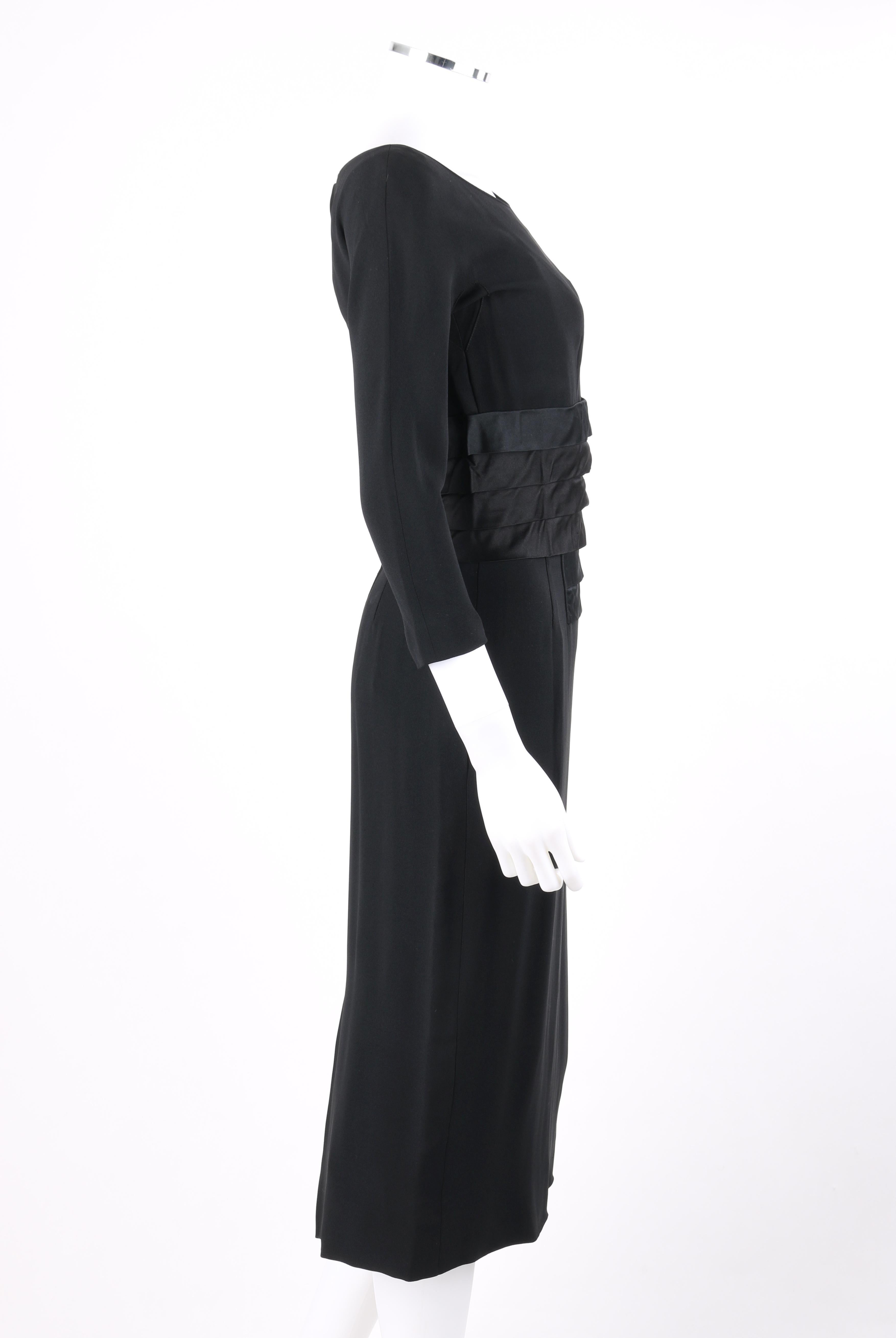 NAT KAPLAN c.1960s Black Silk Satin Tiered Pleat Waist Boat Neck Sheath Dress In Good Condition In Thiensville, WI