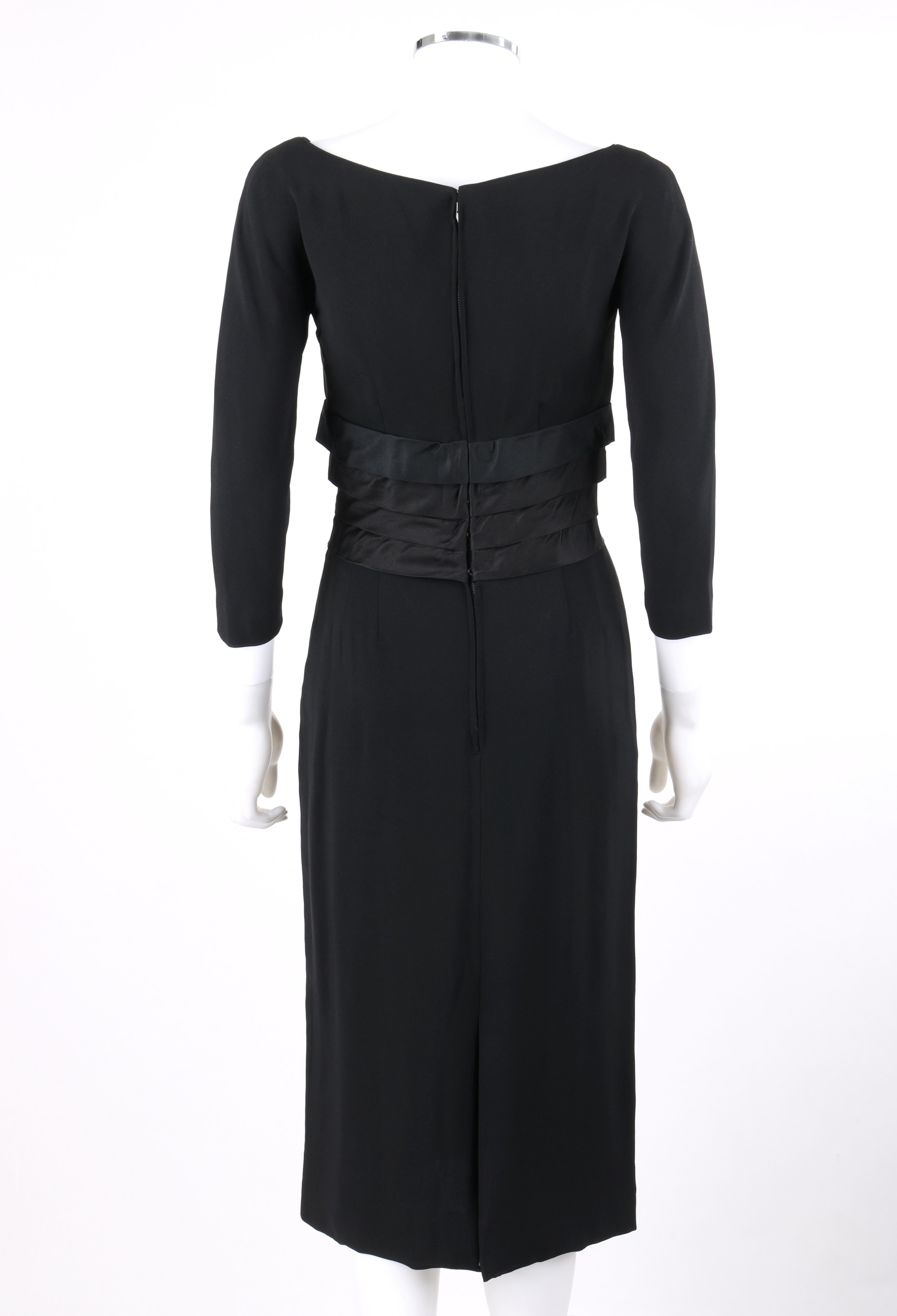 Women's NAT KAPLAN c.1960s Black Silk Satin Tiered Pleat Waist Boat Neck Sheath Dress