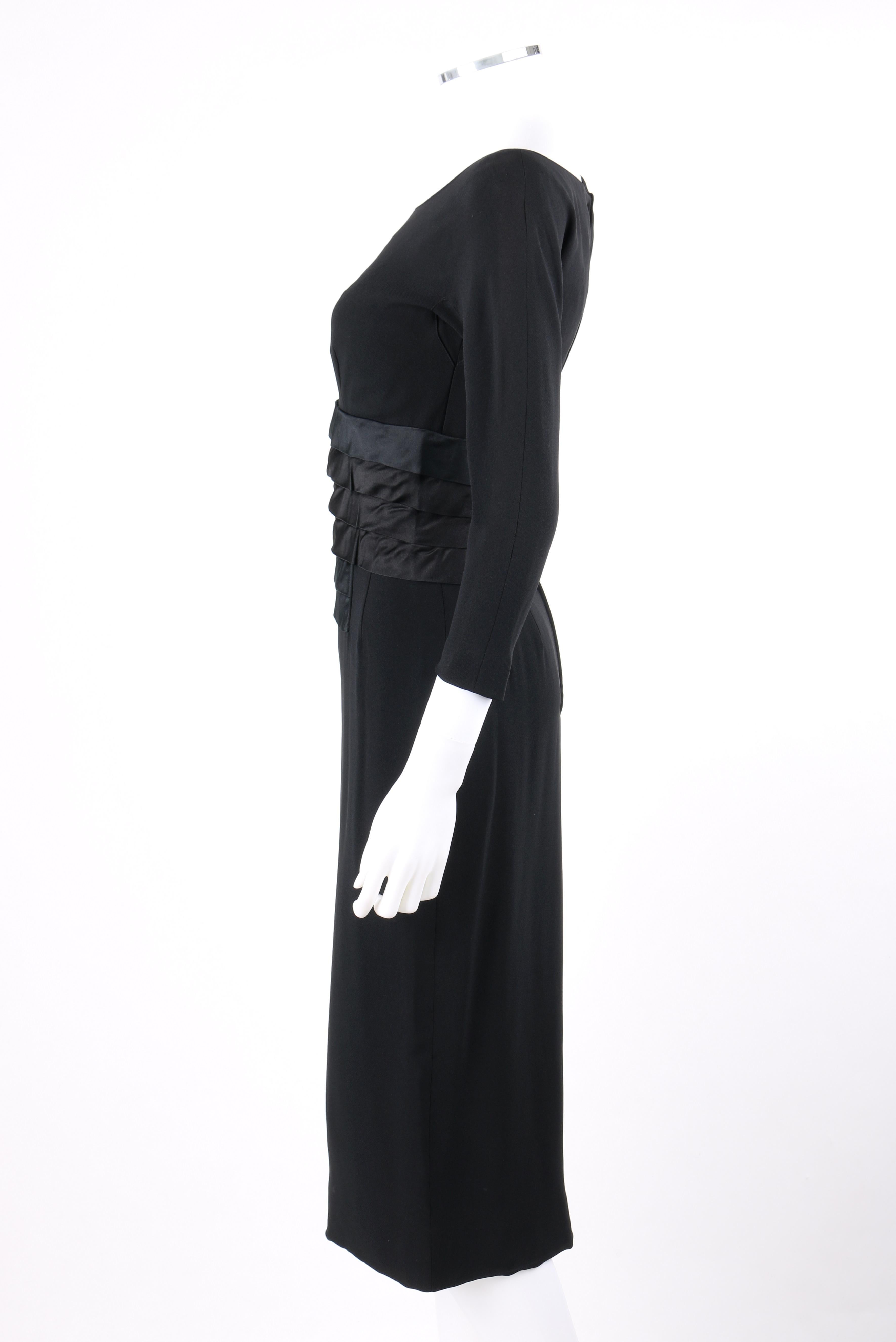 NAT KAPLAN c.1960s Black Silk Satin Tiered Pleat Waist Boat Neck Sheath Dress 1