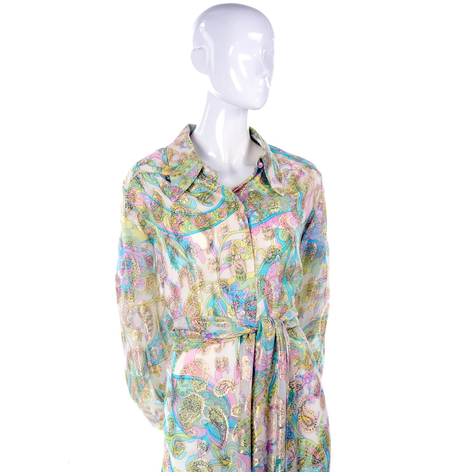 Nat Kaplan Couture Vintage Dress in Metallic Gold & Pastel Paisley Caftan Style  3