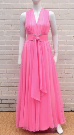 Nat Kaplan Hot Pink Chiffon Evening Dress With Rhinestone Belt, 1960's
