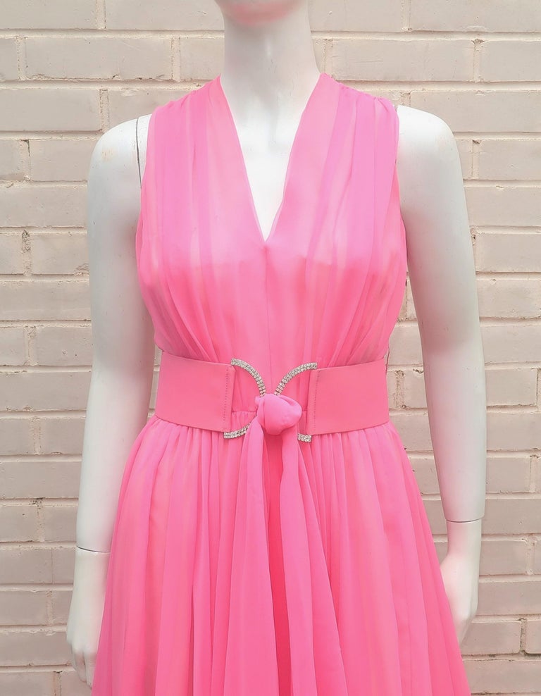 Nat Kaplan Hot Pink Chiffon Evening Dress With Rhinestone Belt, 1960's In Good Condition For Sale In Atlanta, GA