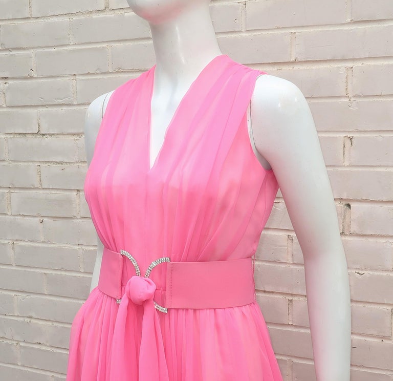 Nat Kaplan Hot Pink Chiffon Evening Dress With Rhinestone Belt, 1960's For Sale 1