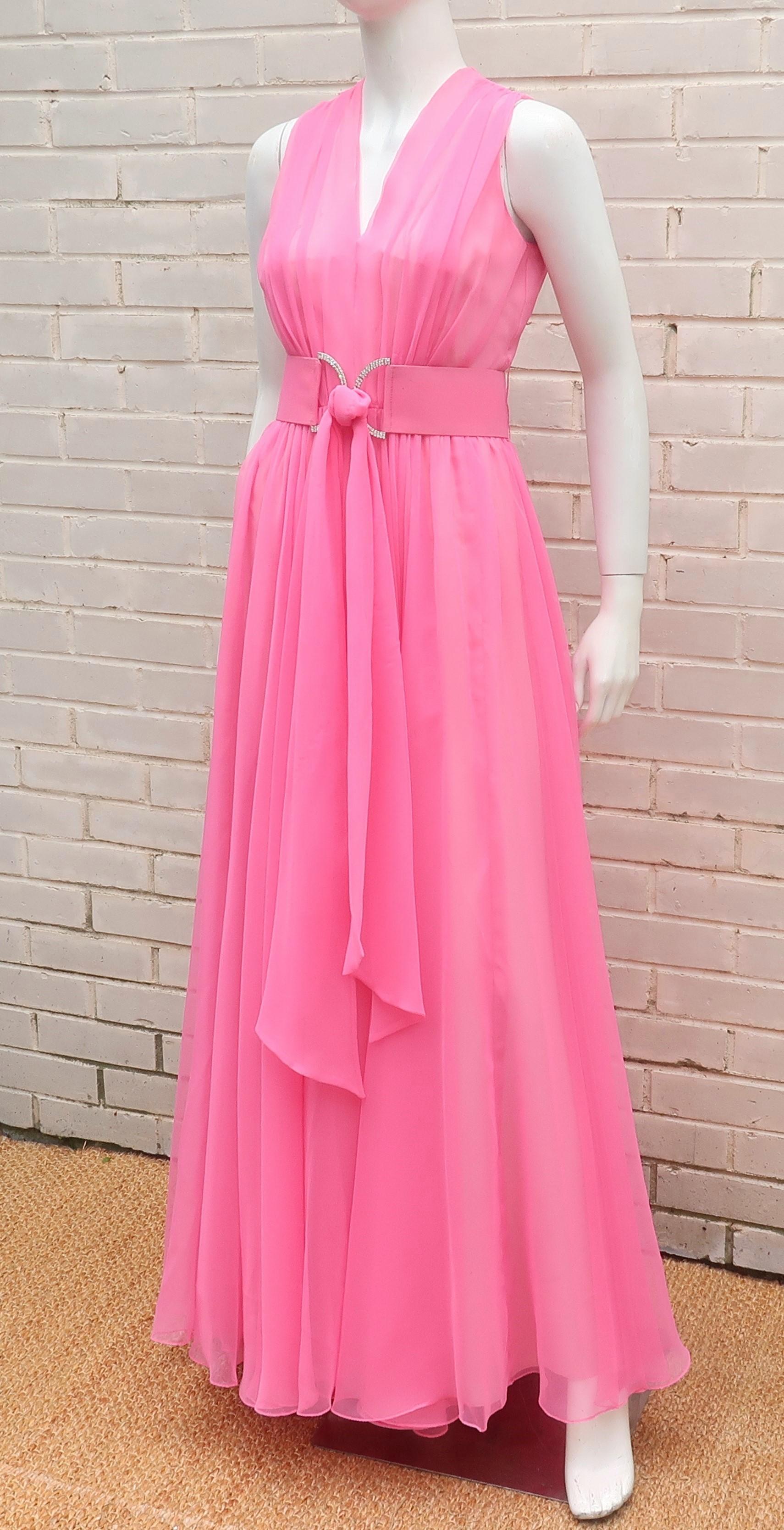 Nat Kaplan Hot Pink Chiffon Evening Dress With Rhinestone Belt, 1960's In Good Condition In Atlanta, GA
