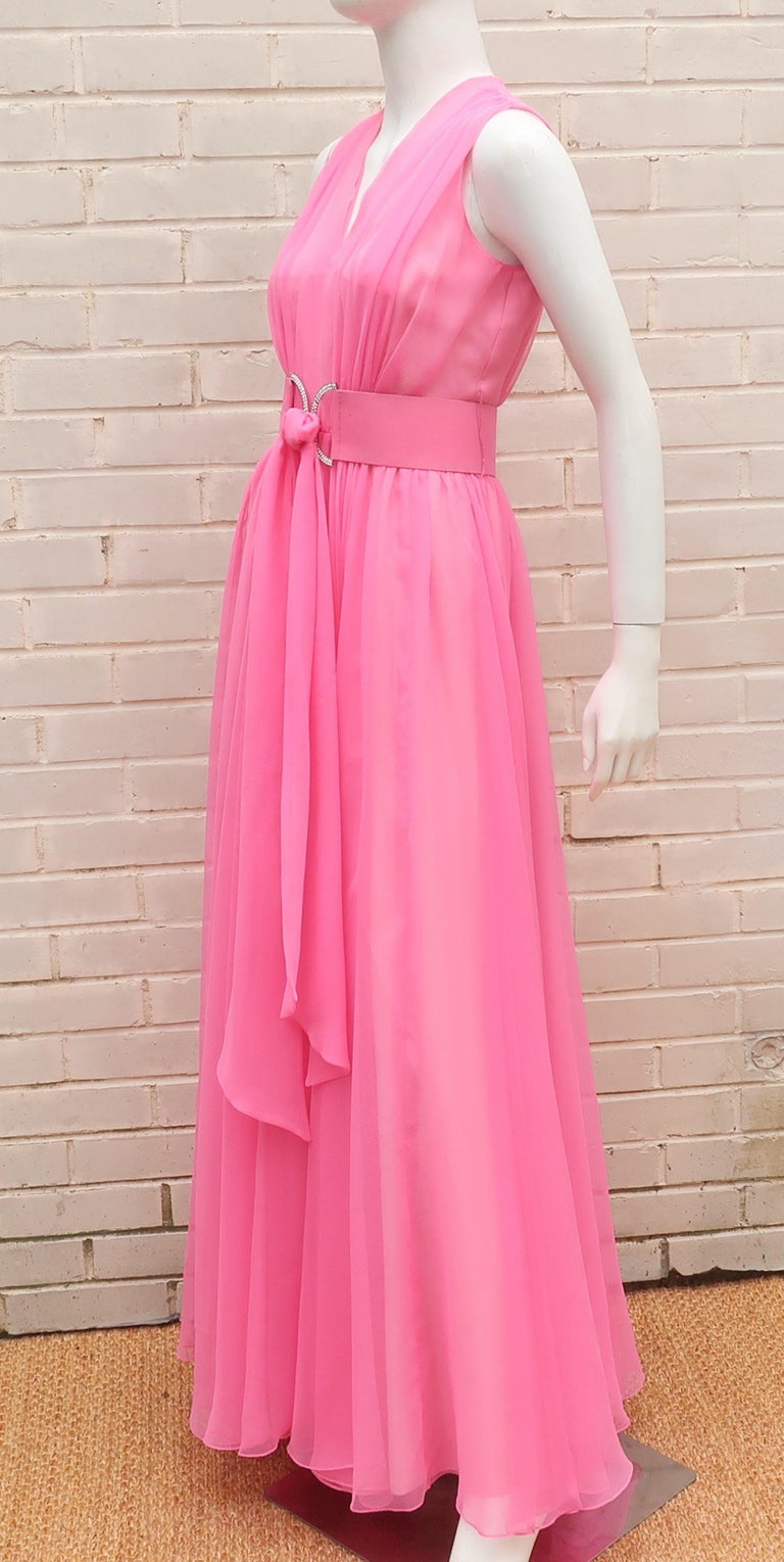 Nat Kaplan Hot Pink Chiffon Evening Dress With Rhinestone Belt, 1960's For Sale 3