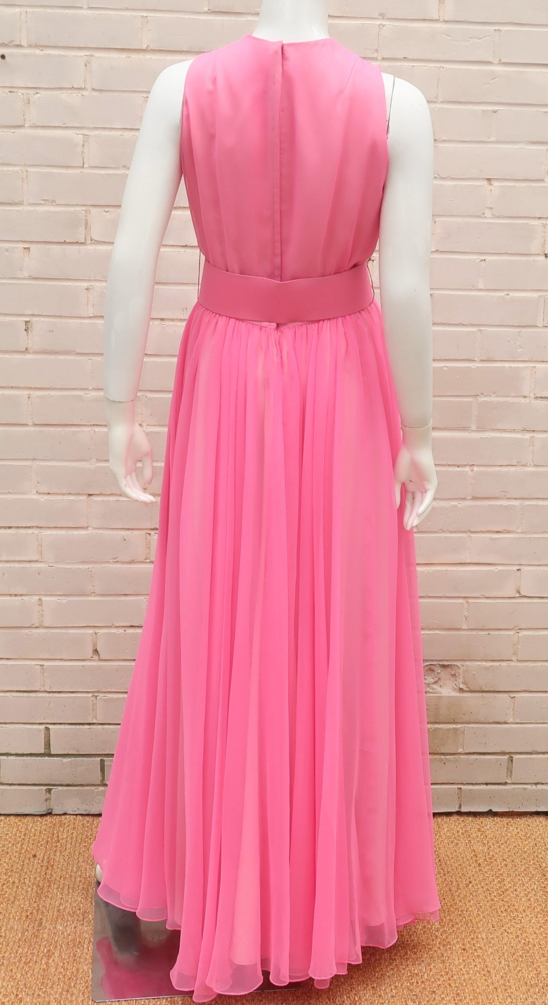 Nat Kaplan Hot Pink Chiffon Evening Dress With Rhinestone Belt, 1960's 1