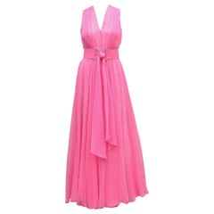 Nat Kaplan Hot Pink Chiffon Evening Dress With Rhinestone Belt, 1960's