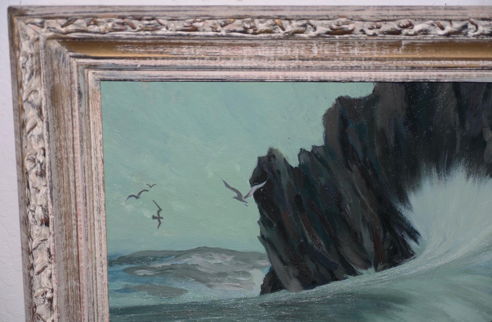 Nat Levy (California, 20th Century) seascape, circa 1950s

A fine midcentury seascape of turquoise colored water and skies. The heavy waves are crashing against the rocks jutting out into the sea as seagulls hover overhead.

Not your typical