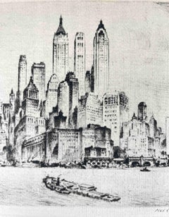 A ca. 1940 Etching Titled "Tip of Manhattan" by Artist Nat Lowell