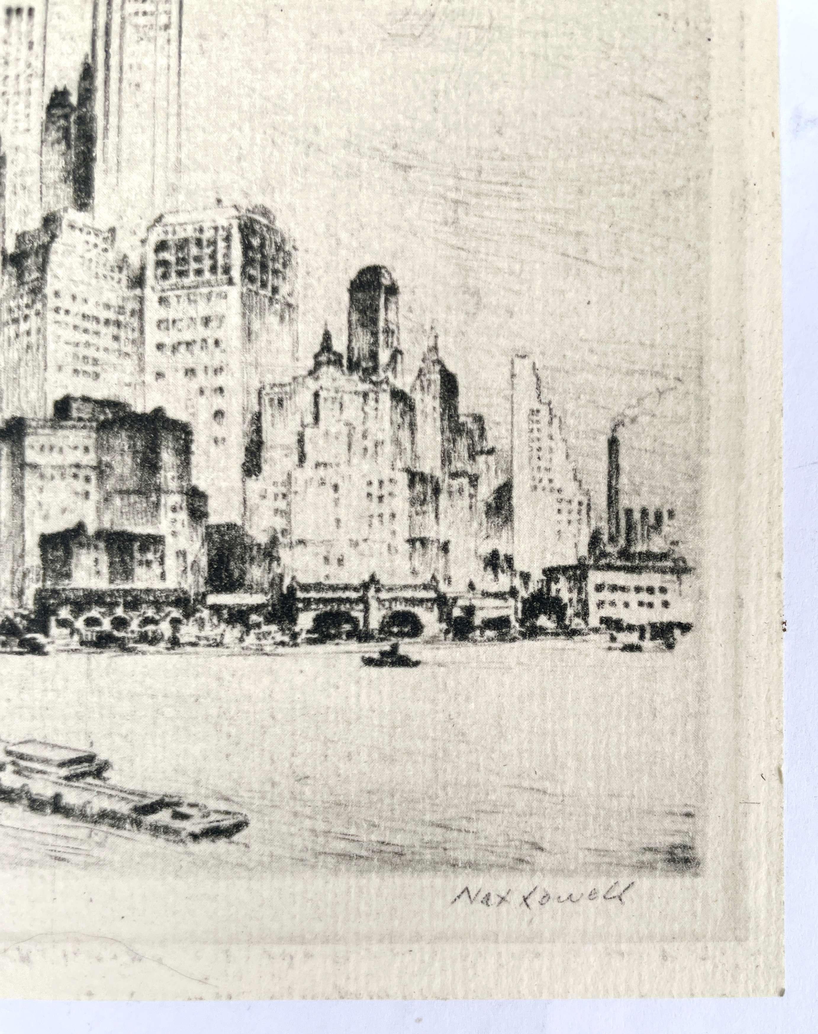 An etching of a view of the Manhattan skyline by artist Nat Lowell.  Signed and titled in pencil, ca. 1940.