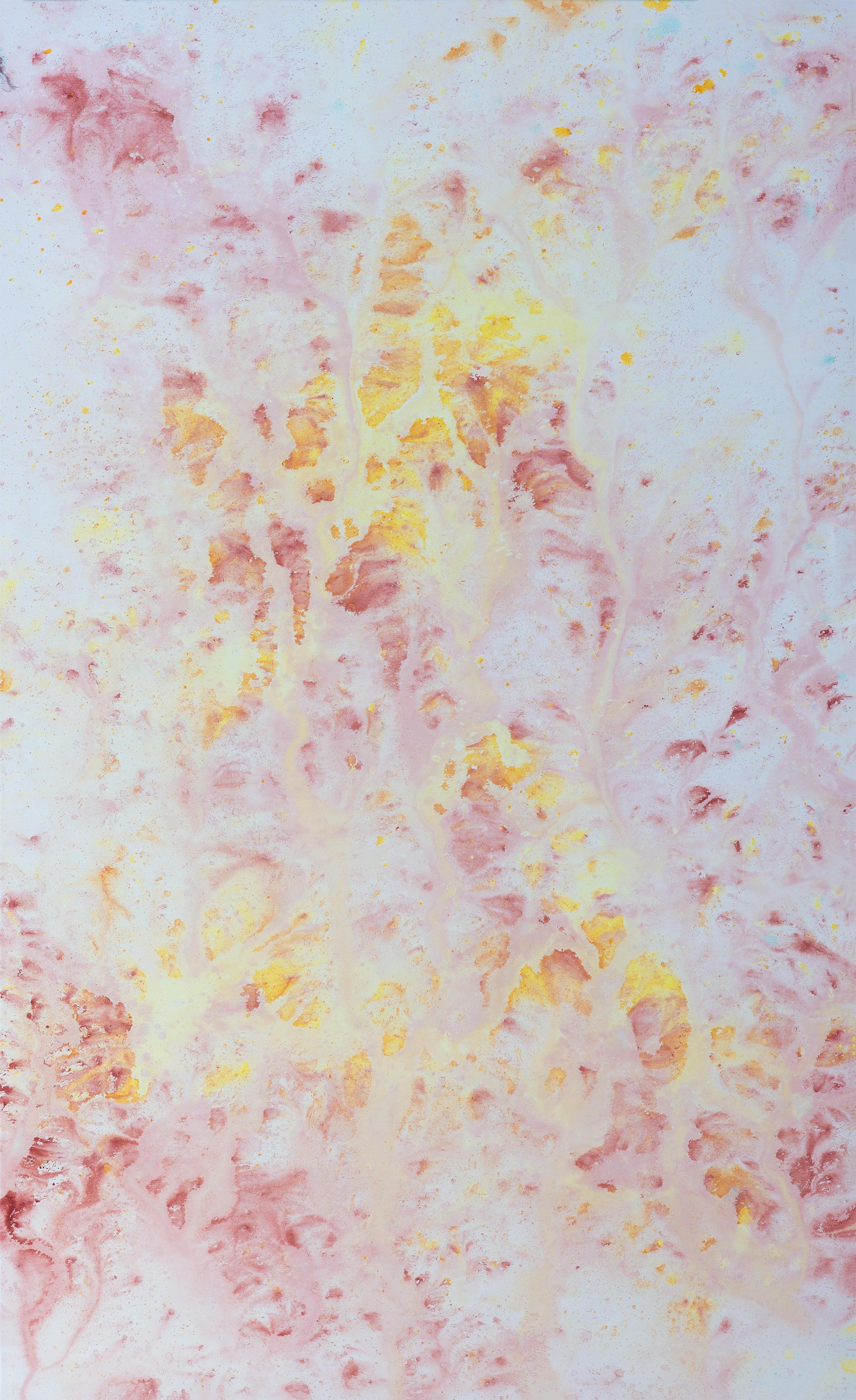 Registros IX, 2023 by Nat Orlowski
From the series Registros
Lacquers, pigments, Indian ink, acrylic, water, and sun on canvas.
Size: 240 H cm x 140 W cm. 
Uniqe 

Impressions of past lives, perceptions of future lives. The Records series carries