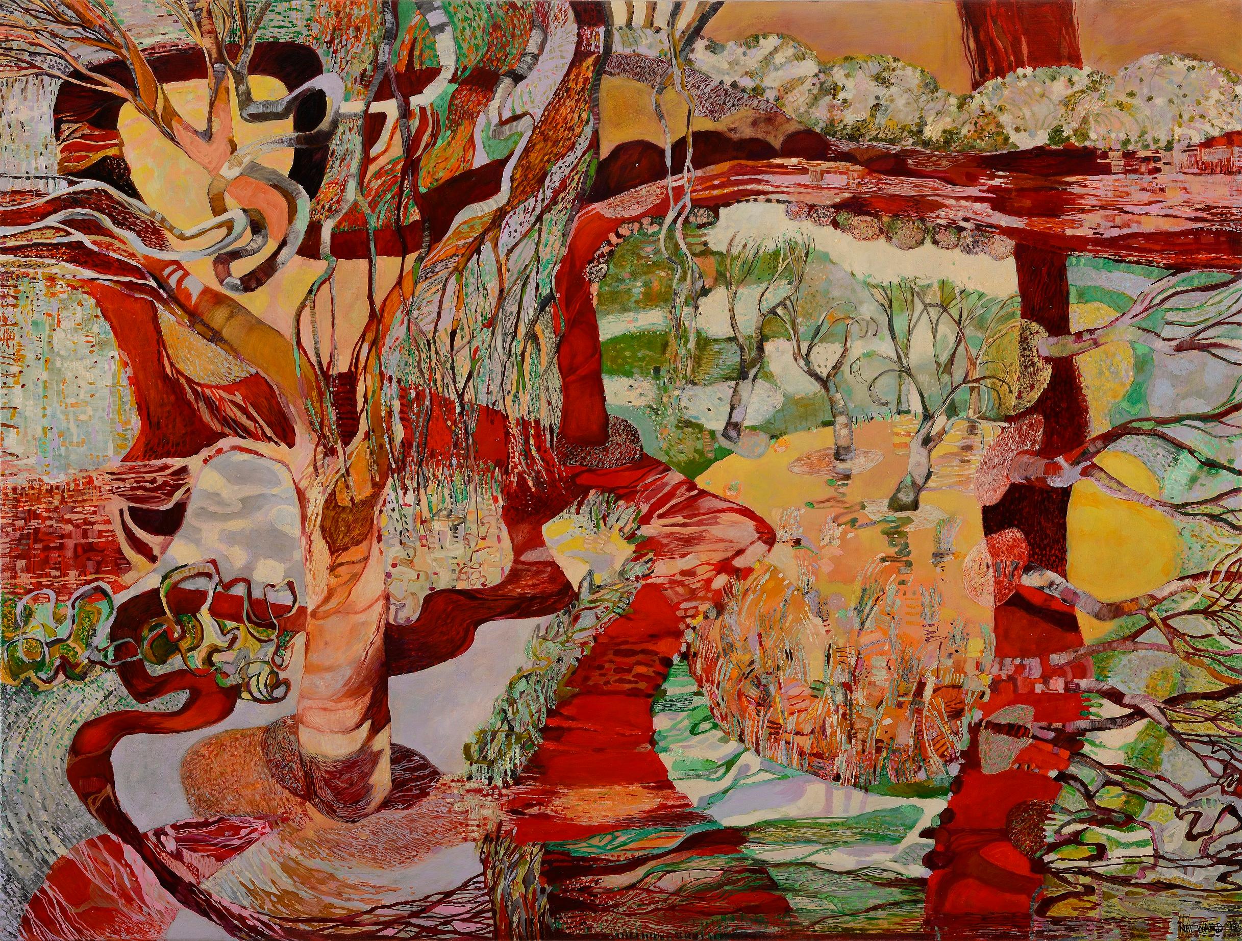About the Artist:
Unexpected myriads sprout in the dancing leaves and branches of Nat Ward’s wetlands paintings. Their rich surfaces reference “mosaics, textiles, hieroglyphics even Asian script.” Based in Albury, Ward says her paintings are ‘an