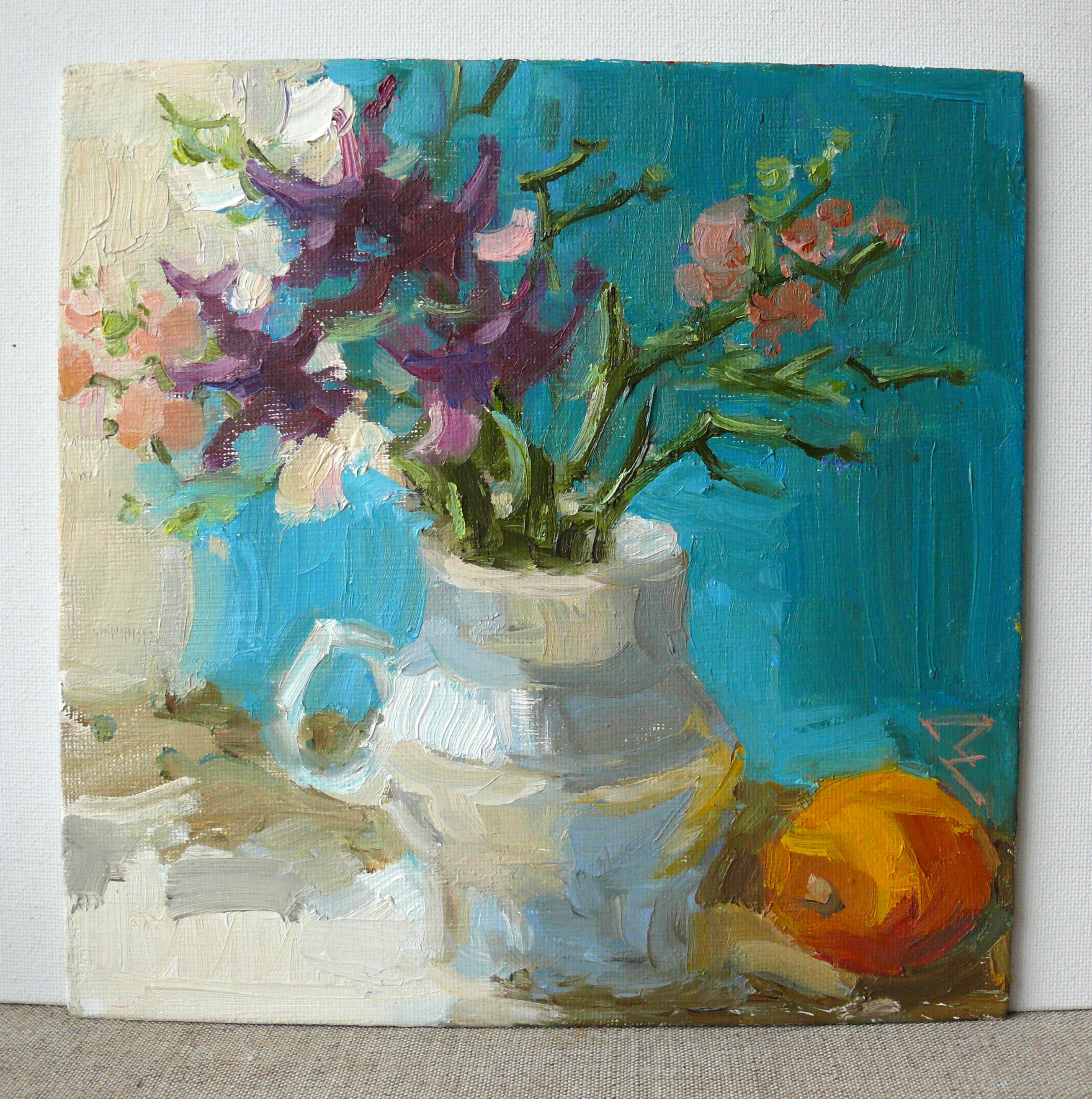 Natura morta con fiori e frutta - Painting di Nata Korchyk