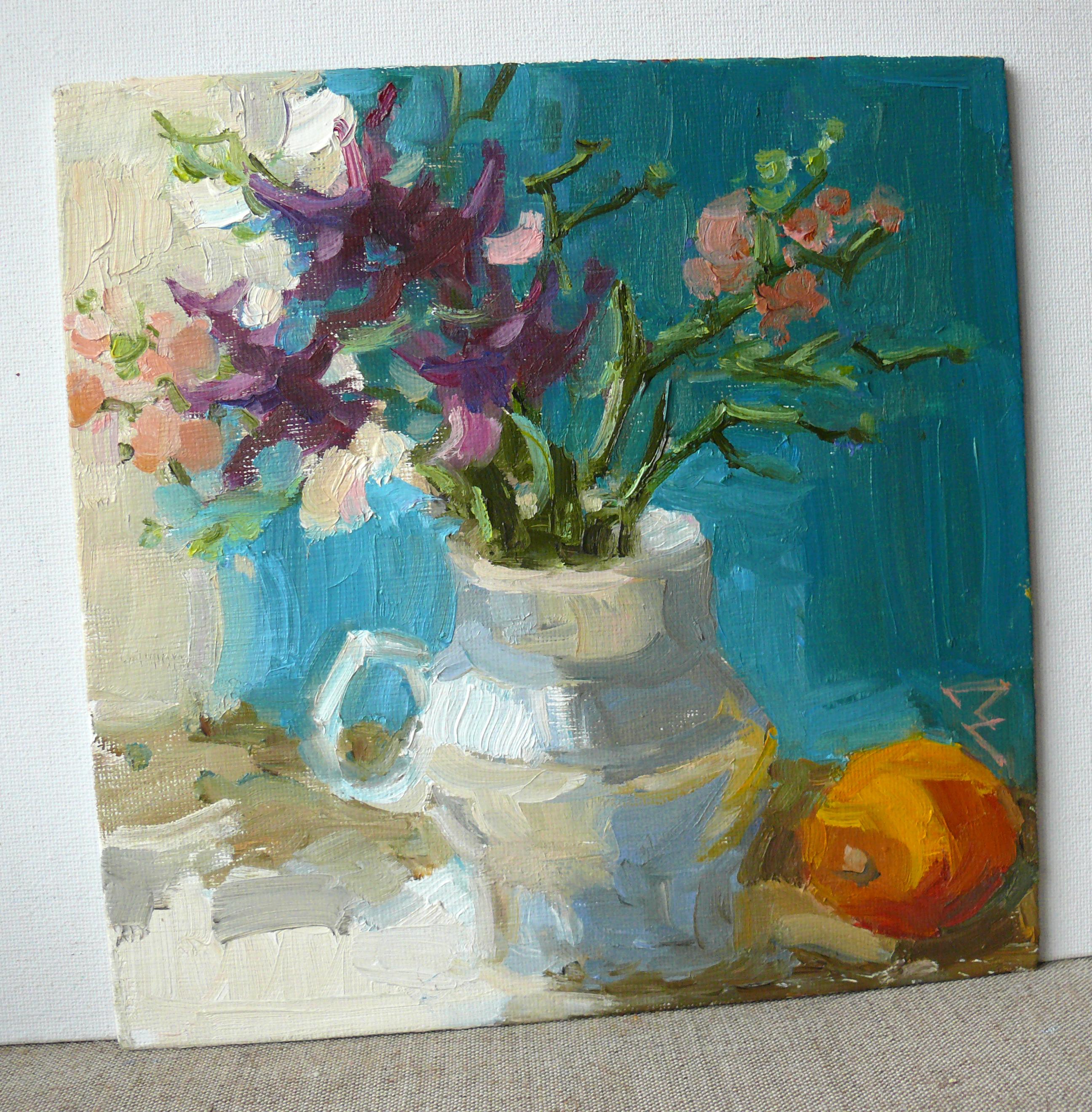 Natura morta con fiori e frutta - Still-Life Painting Grigio di Nata Korchyk