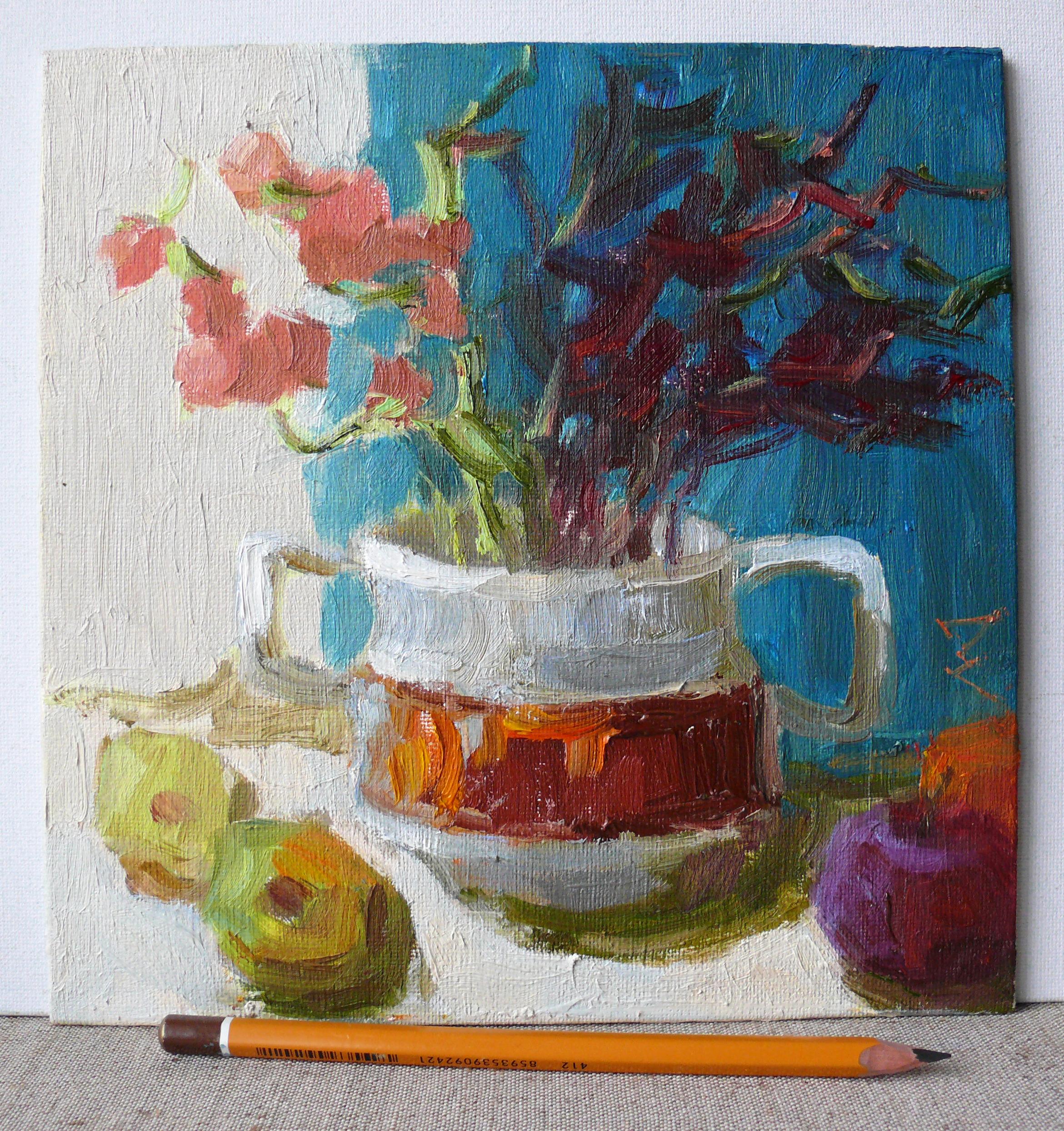 Still life with flowers and fruits - Impressionist Painting by Nata Korchyk