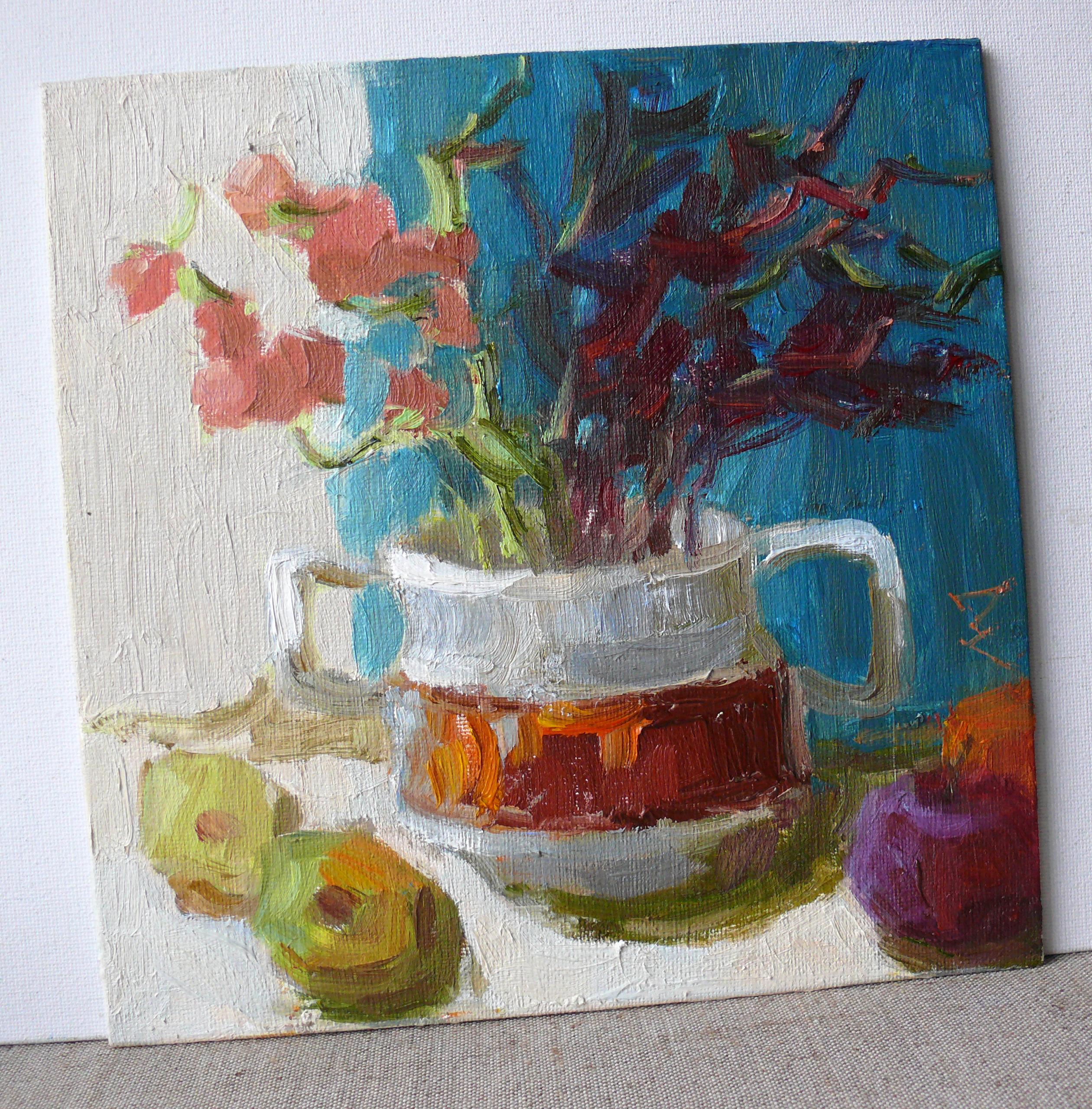 Still life with flowers and fruits - Gray Still-Life Painting by Nata Korchyk