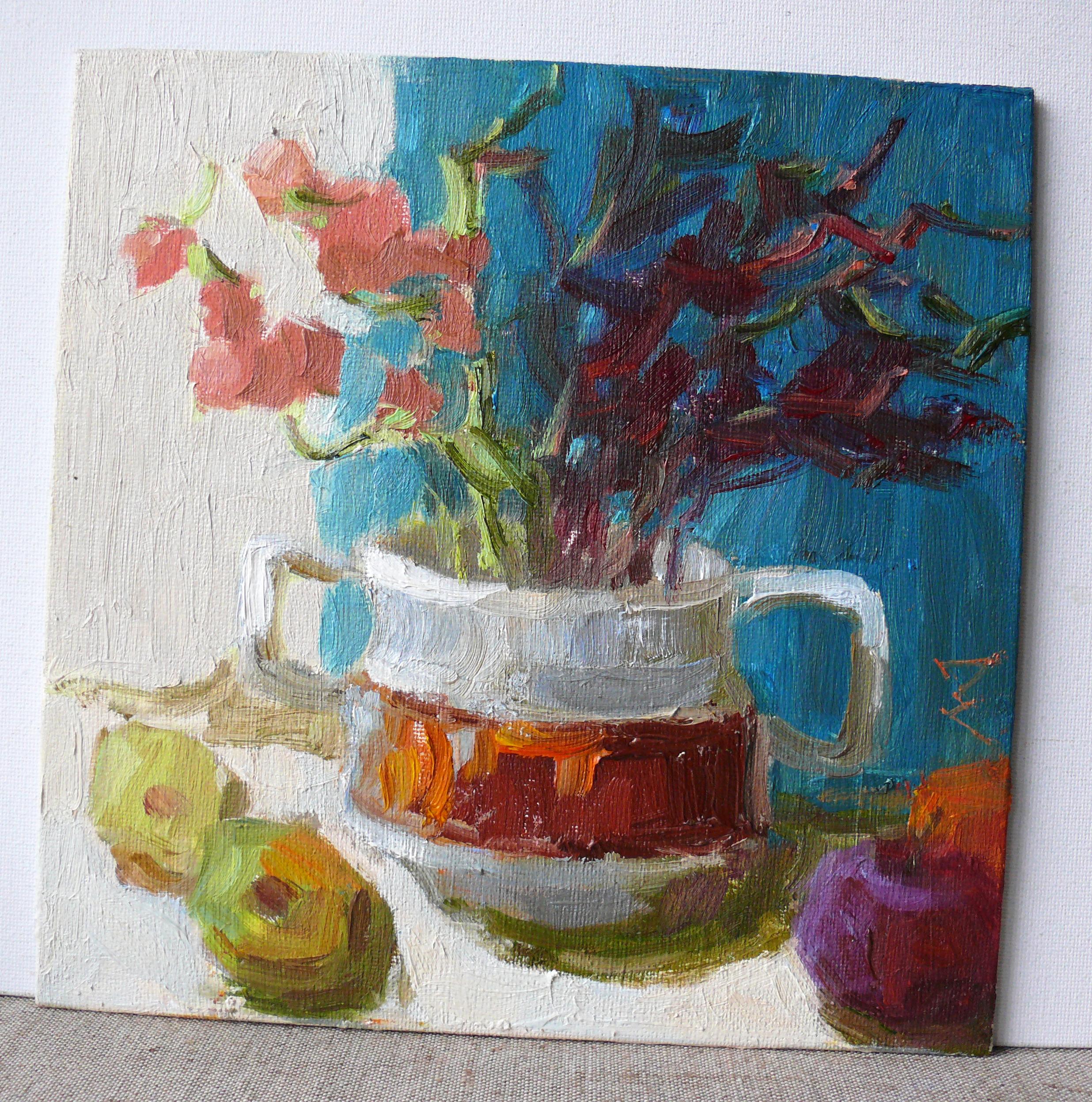 Impressionist still life with flowers and fruit
Painting expresses movement towards rebirth, light and sun, renewal, associated with spring. This idea of movement and renewal is expressed through the play of form, texture, color relationships, light