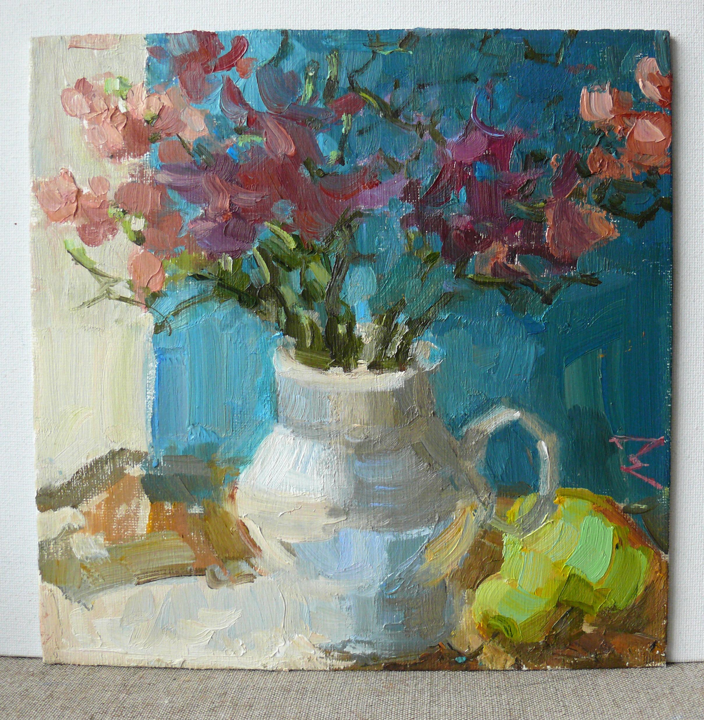 Nature morte aux fleurs et à la poire - Painting de Nata Korchyk