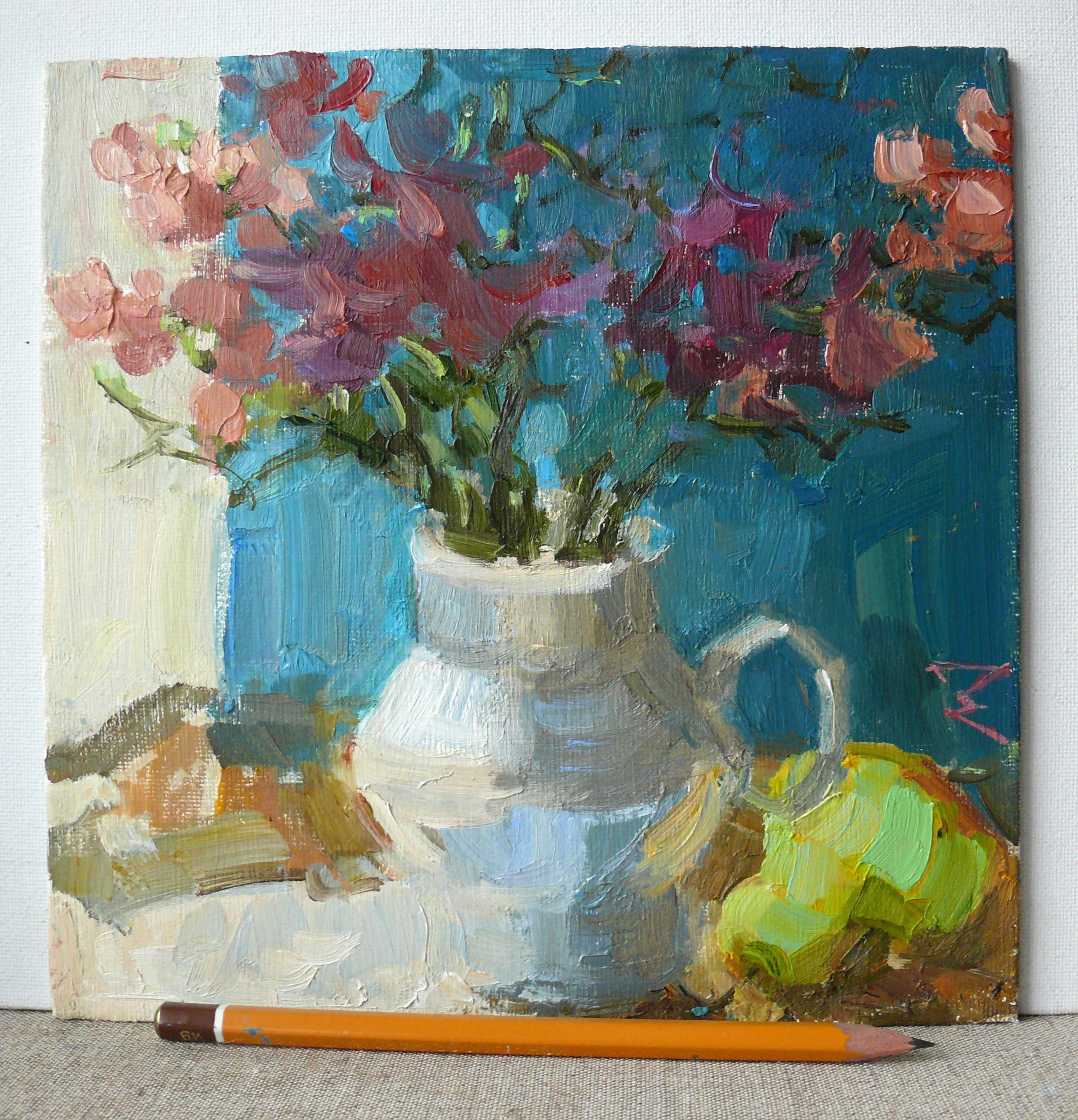 Nature morte aux fleurs et à la poire - Impressionnisme Painting par Nata Korchyk