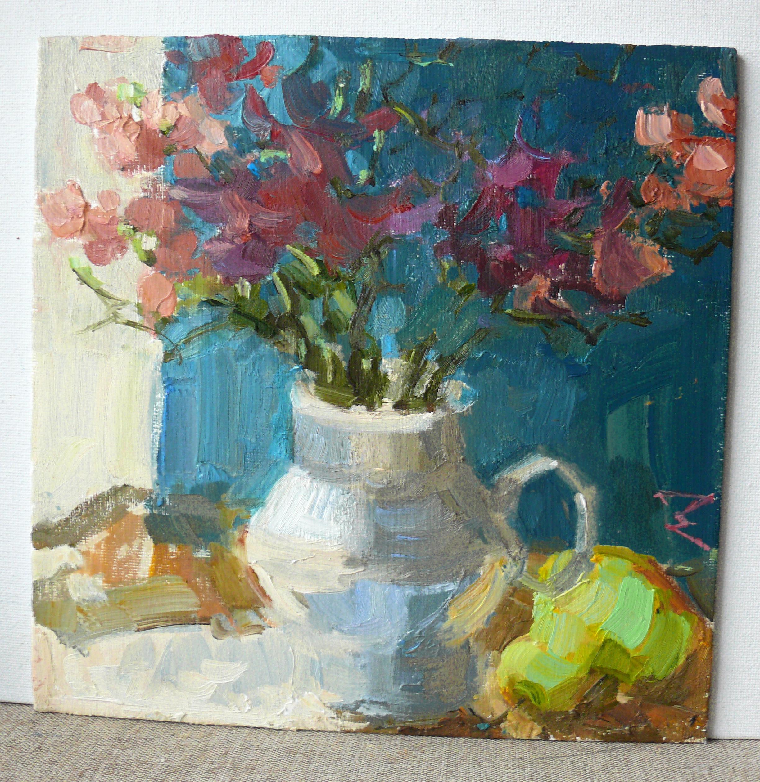 Nature morte impressionniste avec fleurs et fruits

La peinture exprime le mouvement vers la renaissance, la lumière et le soleil, le renouveau, associé au printemps. Cette idée de mouvement et de renouveau s'exprime à travers le jeu des formes, des