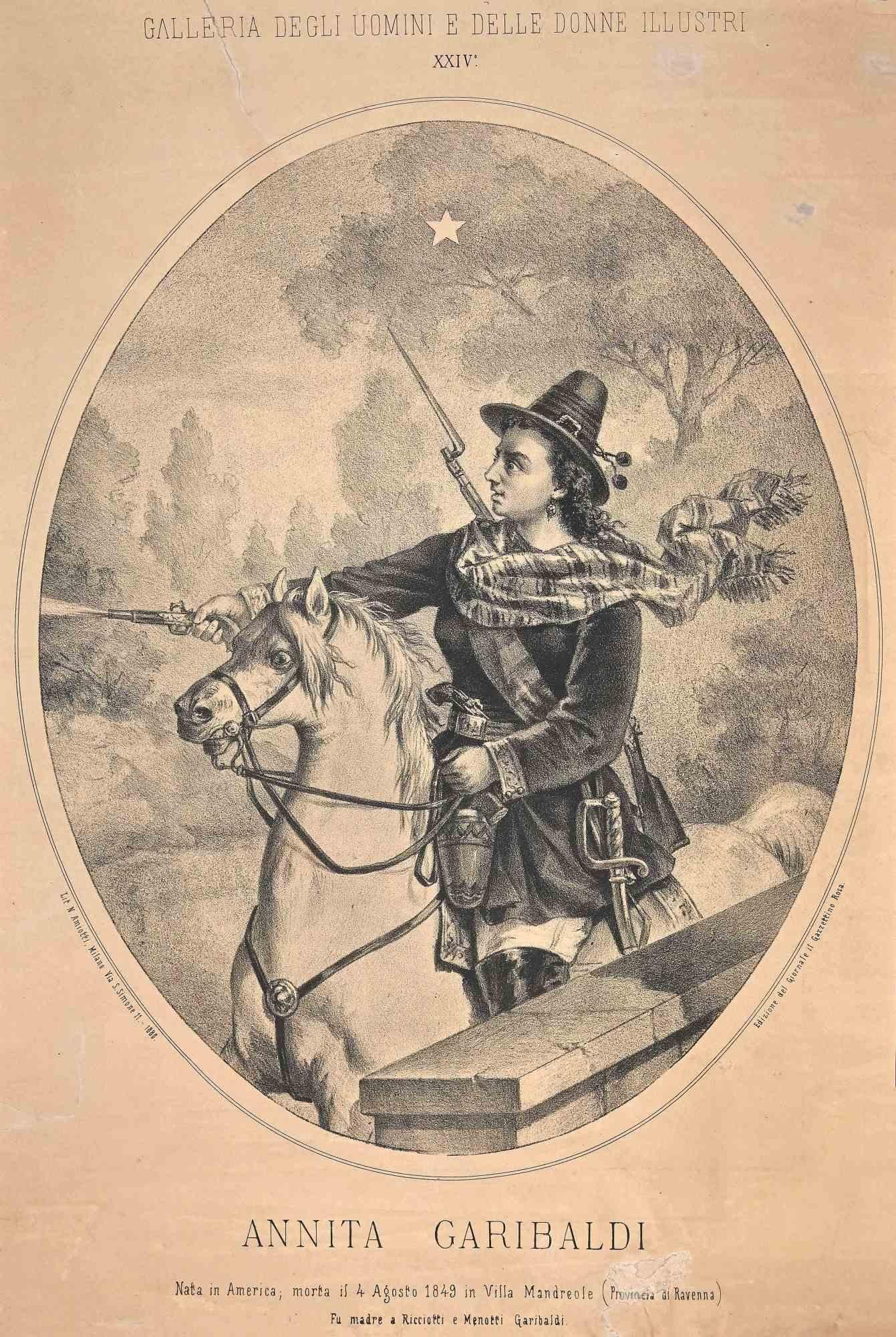 Portrait of Anita Garibaldi Riding a Horse - Lithograph by N.Amiotti-1880