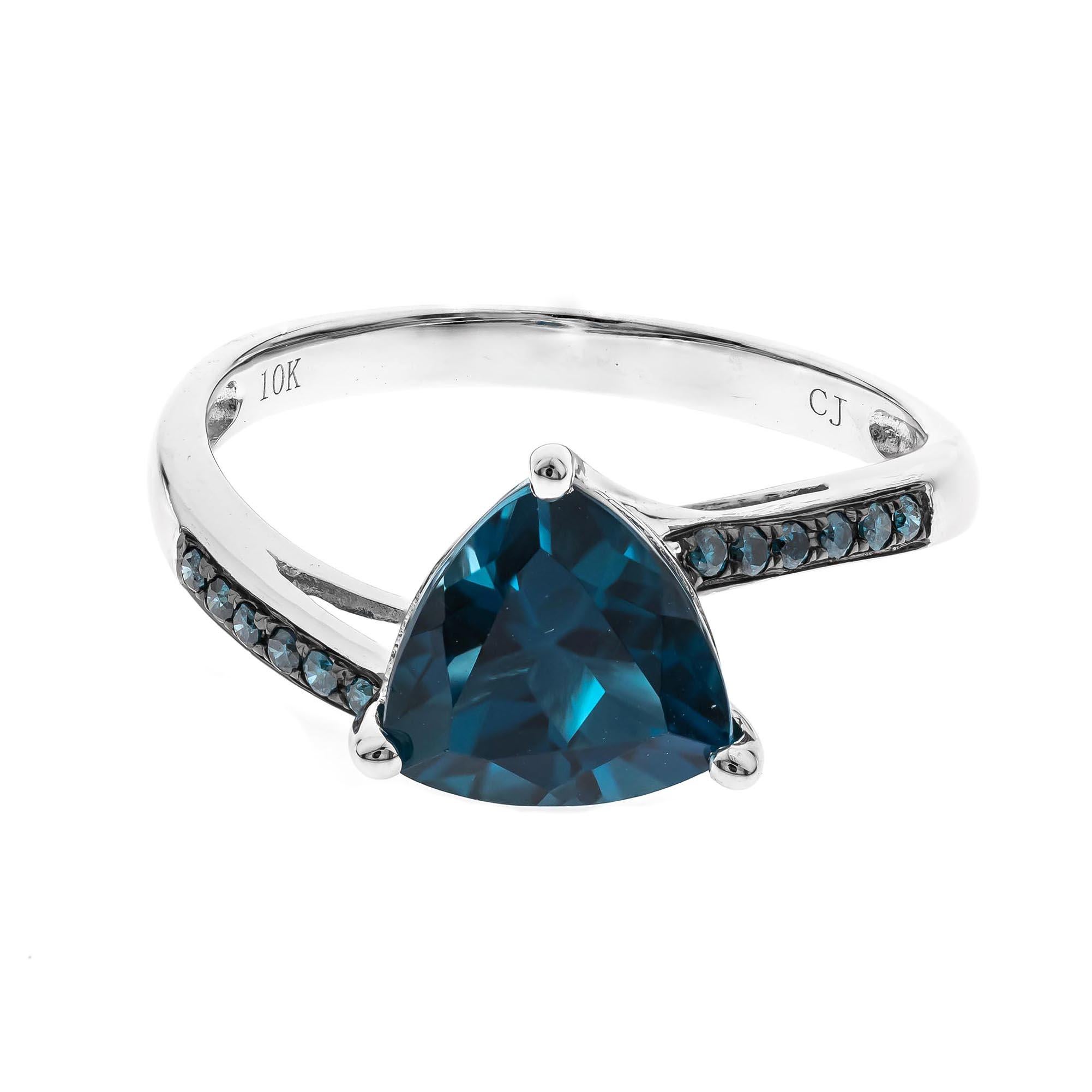 Art Deco Natalia 10K White Gold Trillion-Cut London Blue Topaz Ring For Sale