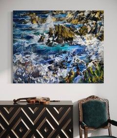 "Azure Waltz" - Large Textured Impasto Expressionist Rocky Ocean Seascape