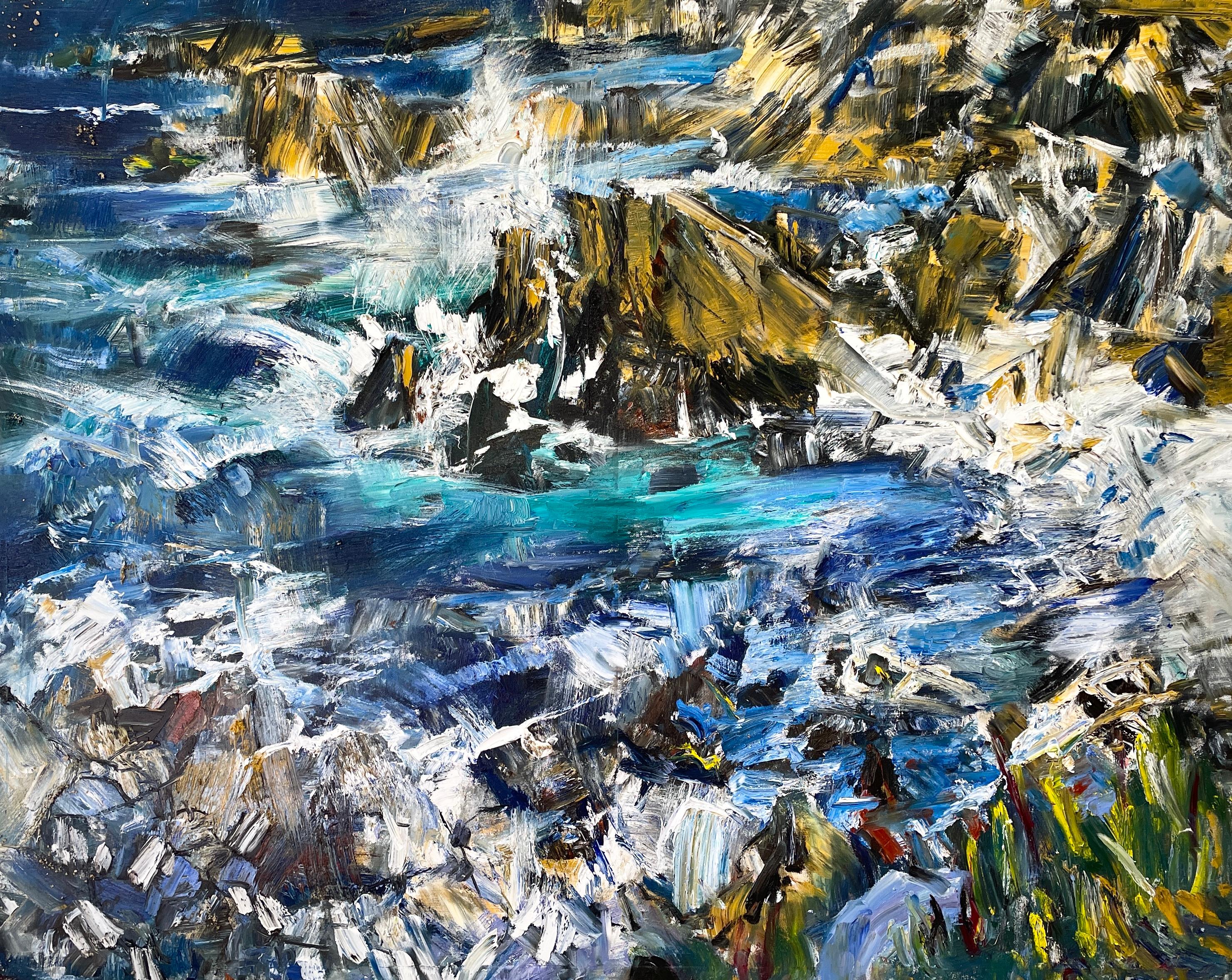 "Vals azul" de Natalia Aandewiel - Gran paisaje marino rocoso impresionista vibrante