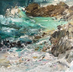 "Sueño costero" de Natalia Aandewiel - Paisaje marino con textura de agua verde y azul