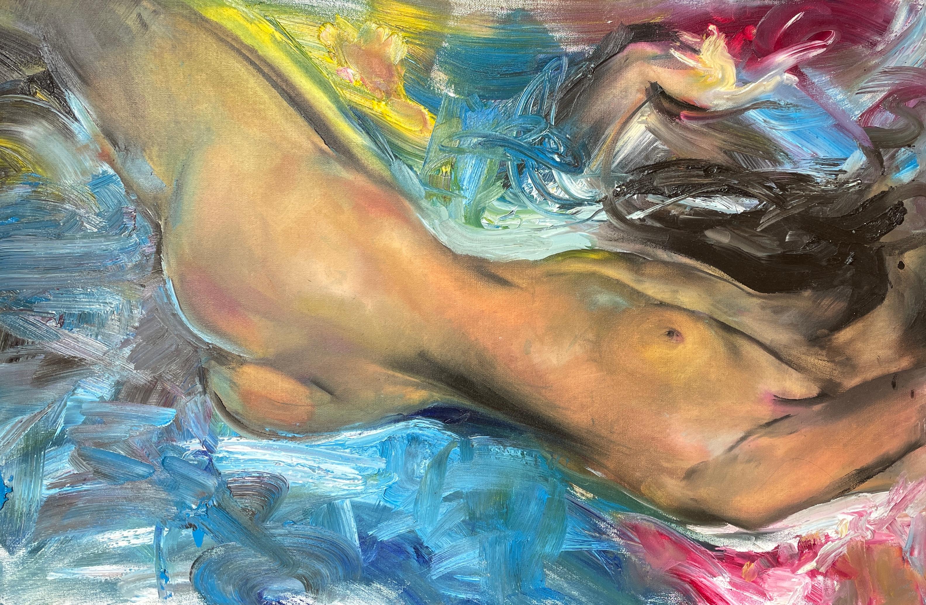 Dans "Female Curve", une huile sur toile de 24 x 36 pouces, Natalia Aandewiel capture la forme sensuelle de la mystique féminine avec une touche impressionniste. Des tourbillons de céruléen, de rose blush et de jaunes doux entourent la figure