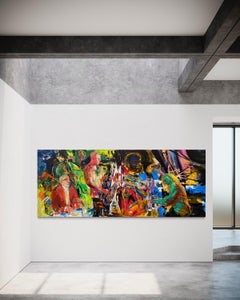 "Jazzy" - Very Large Diptych Colorful Expressionist Jazz Band Figurative Scene