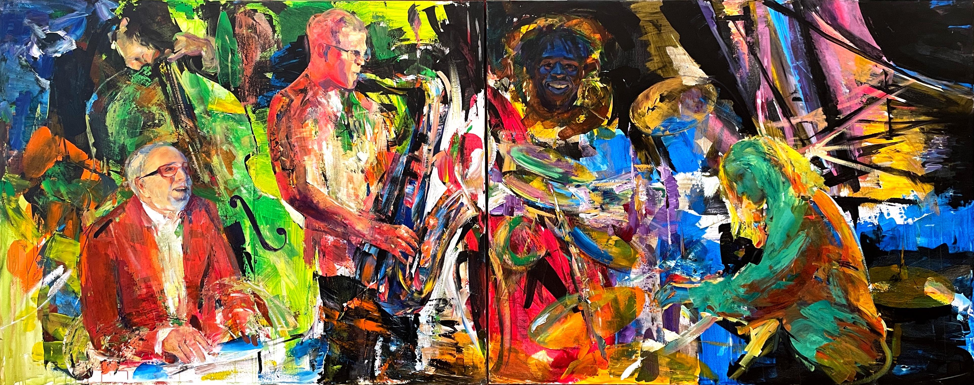 Díptico "Jazzy" de Natalia Aandewiel - Gran figurativo expresionista de banda de jazz