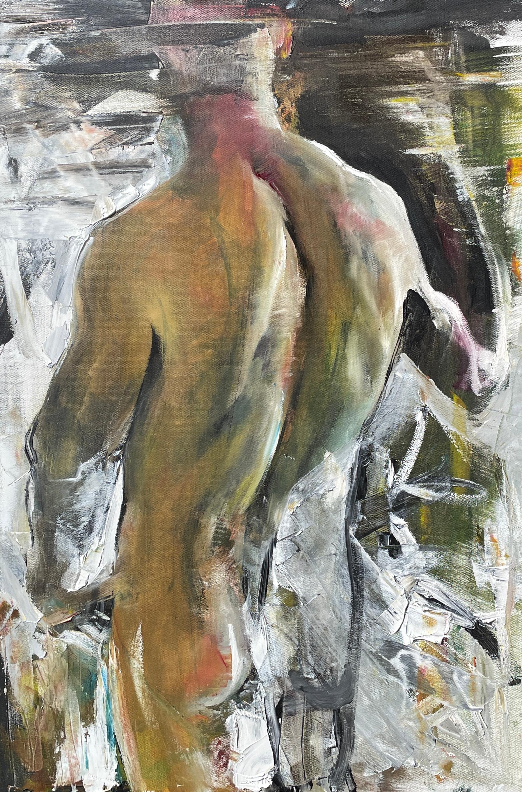 
"Male Curve" is an evocative 36" x 24" oil painting by Ukrainian artist Natalia Aandewiel that captures the essence of masculine grace. Rendered with a raw, earthy palette, the composition uses rich ochres, umbers, and subtle greens, creating a