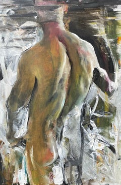 "Curva masculina" de Natalia Aandewiel - Desnudo masculino figurativo en tonos ocres y tierra