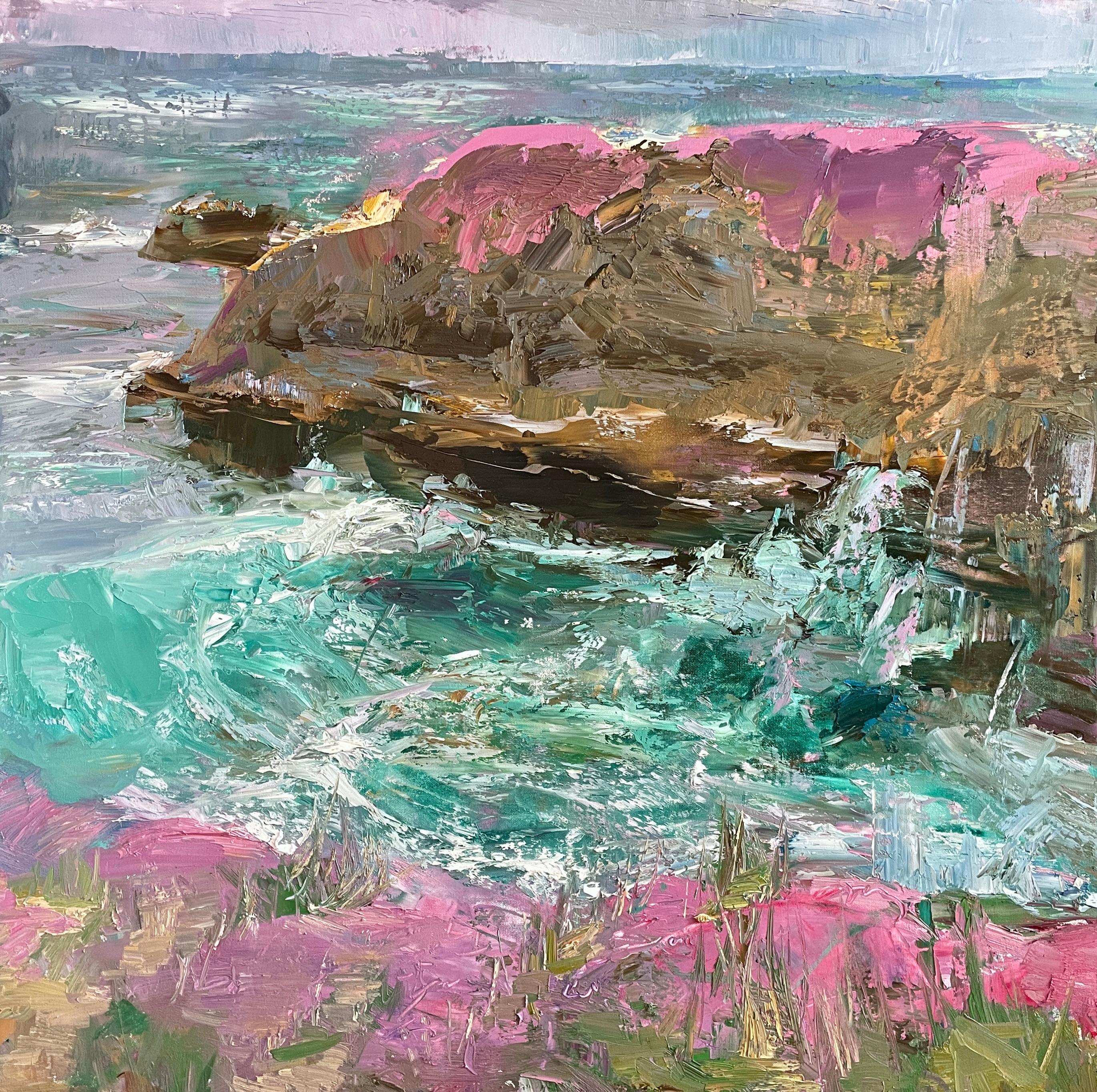 "Belleza Violeta" por Natalia Aandewiel - Paisaje marino costero de flores silvestres vibrantes