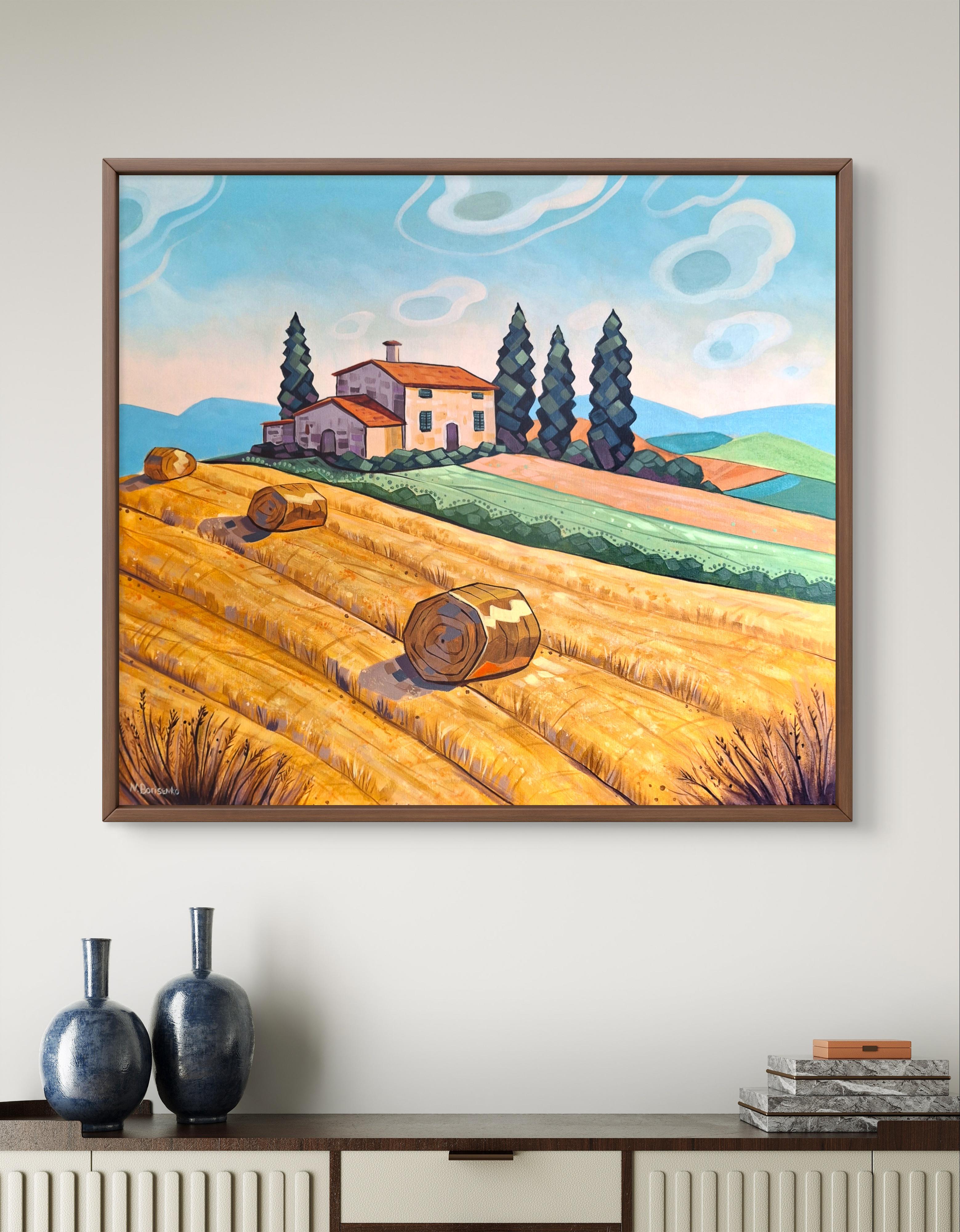 Serie: Zwischen Licht und Stille
In die goldene Stille eines toskanischen Nachmittags getaucht, bietet diese Landschaft eine Vision von Wärme, Rhythmus und stiller Sehnsucht. Sanfte Hügel und anmutige Zypressen erheben sich durch die Konturen der