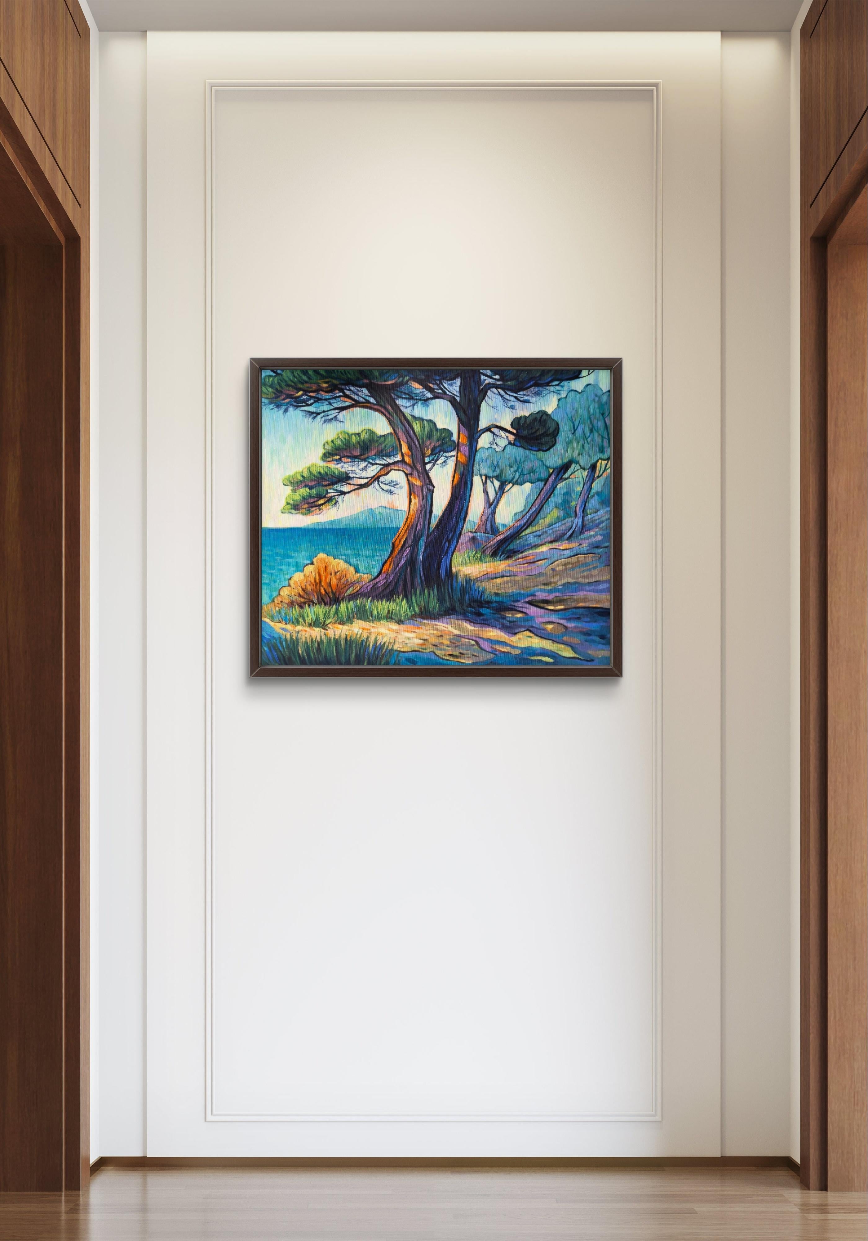 Paysage lumineux côtier - Gris Landscape Painting par Natalia Borisenko