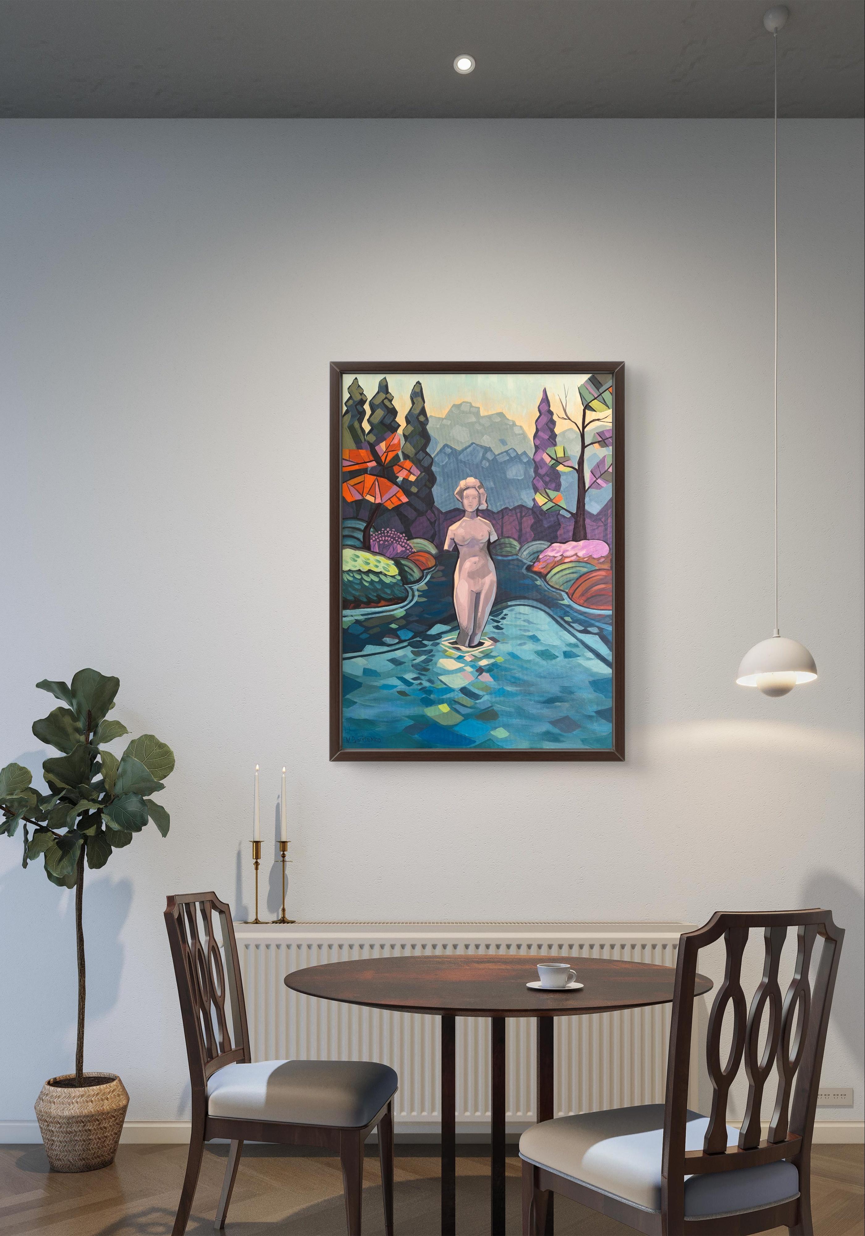 Series: Between light and silence
In a secluded garden, a figure stands immersed in water, framed by lush color and soft twilight. Like a relic of myth, she radiates silence and timelessness. This intimate scene blends ornament and emotion — a quiet