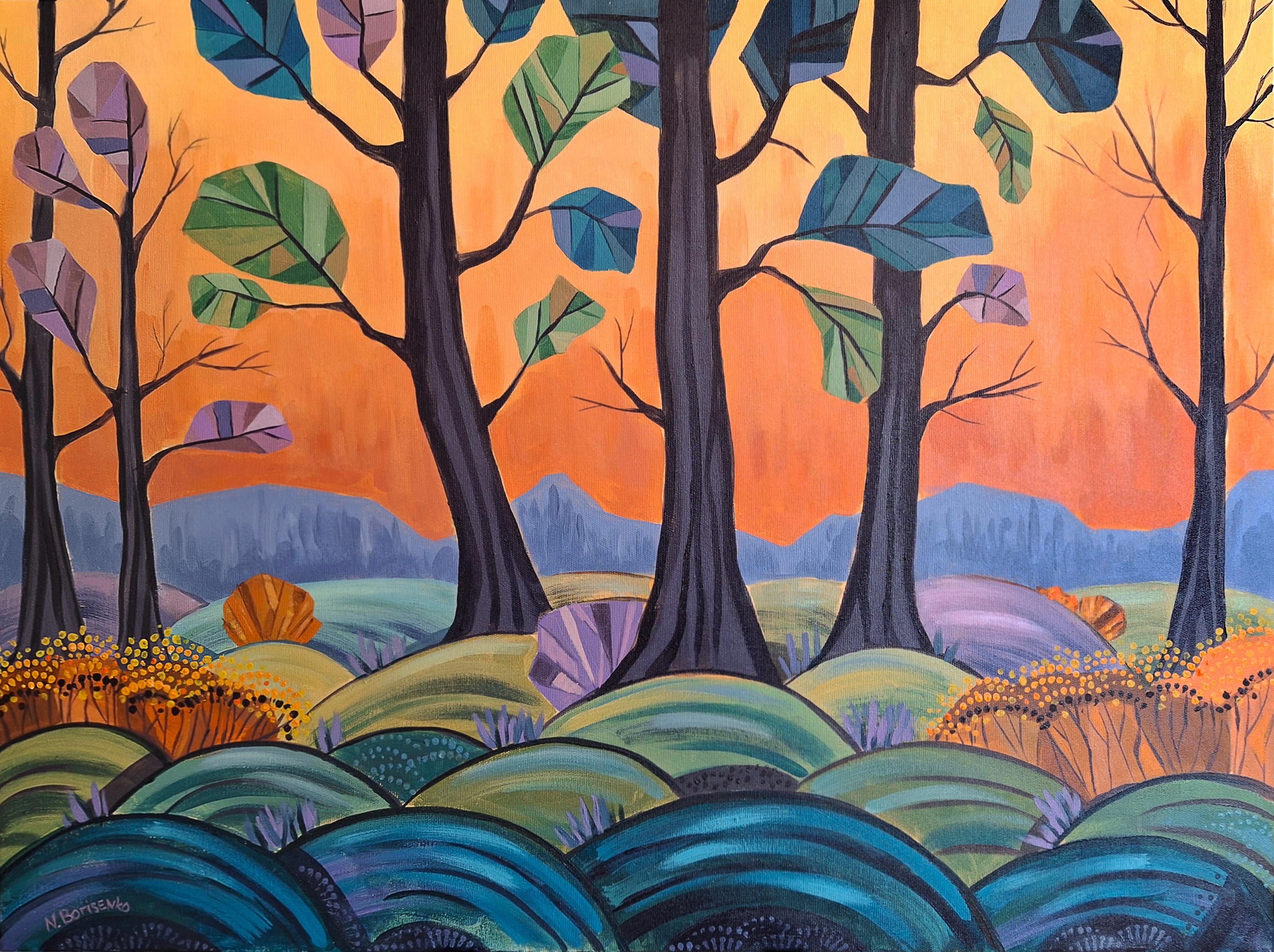 Natalia Borisenko Figurative Painting – Feuriges Flüstern der Bäume