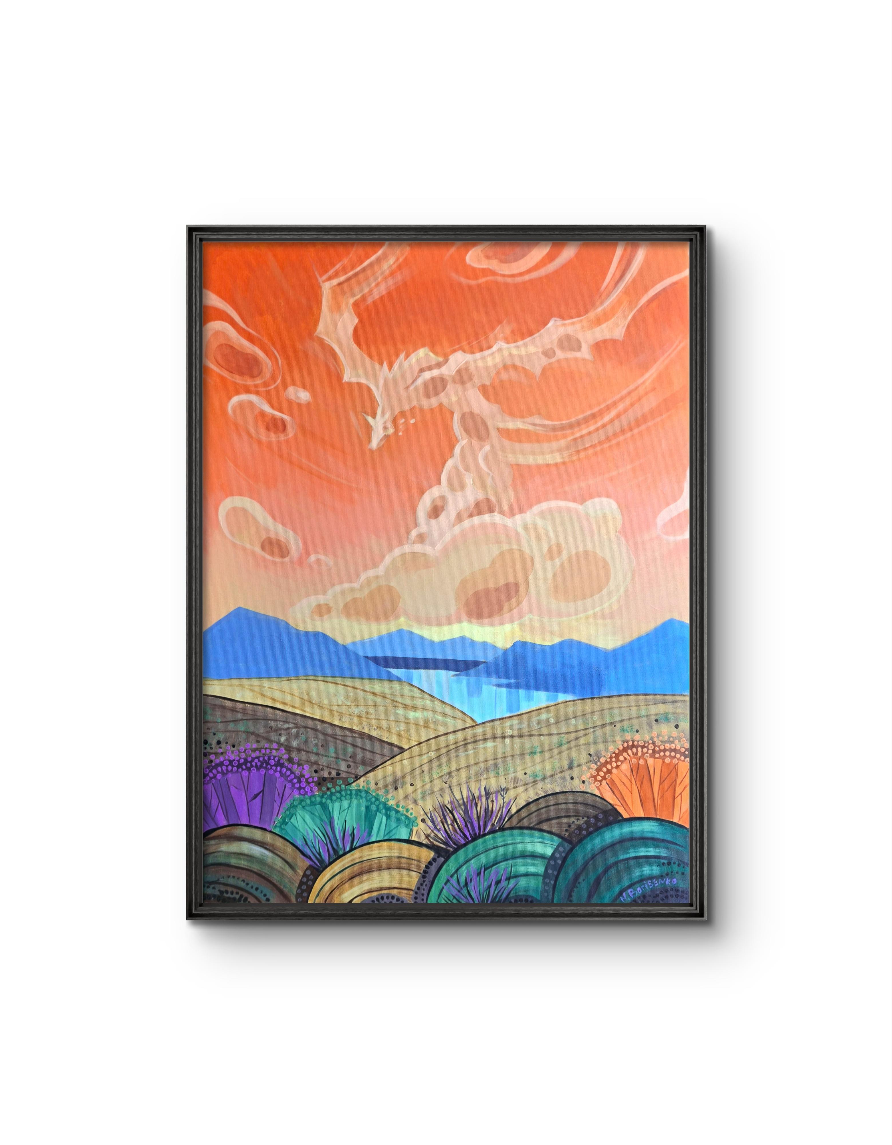 Serie: Entre la luz y el silencio
De un vasto cielo de nubes emerge un majestuoso dragón, guardián no de los lugares, sino de los recuerdos y del silencio. Esta obra es el ancla emocional de la colección, pues mezcla el mito con la serenidad. Una