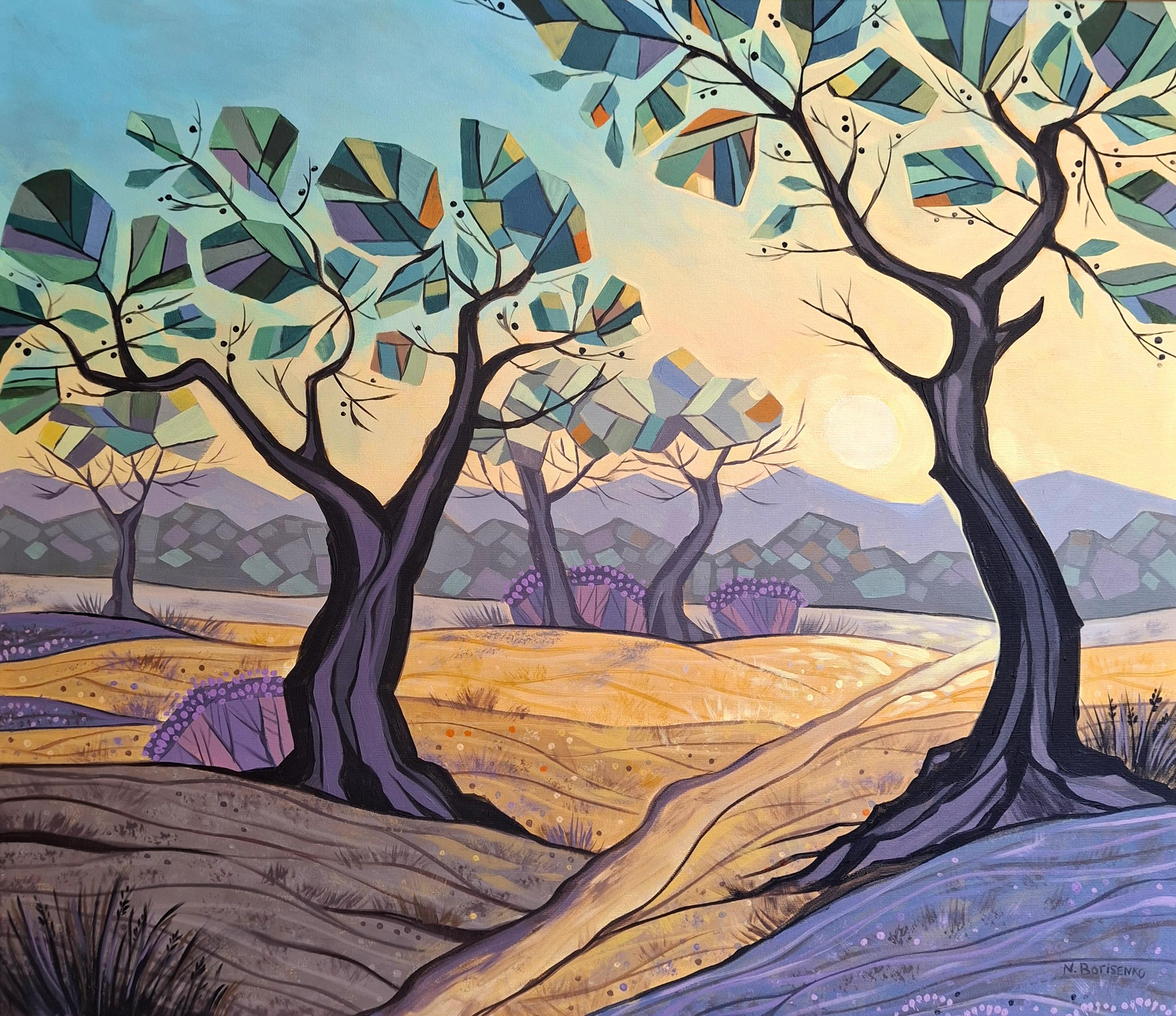 Natalia Borisenko Figurative Painting – Unter dem Olivenhimmel