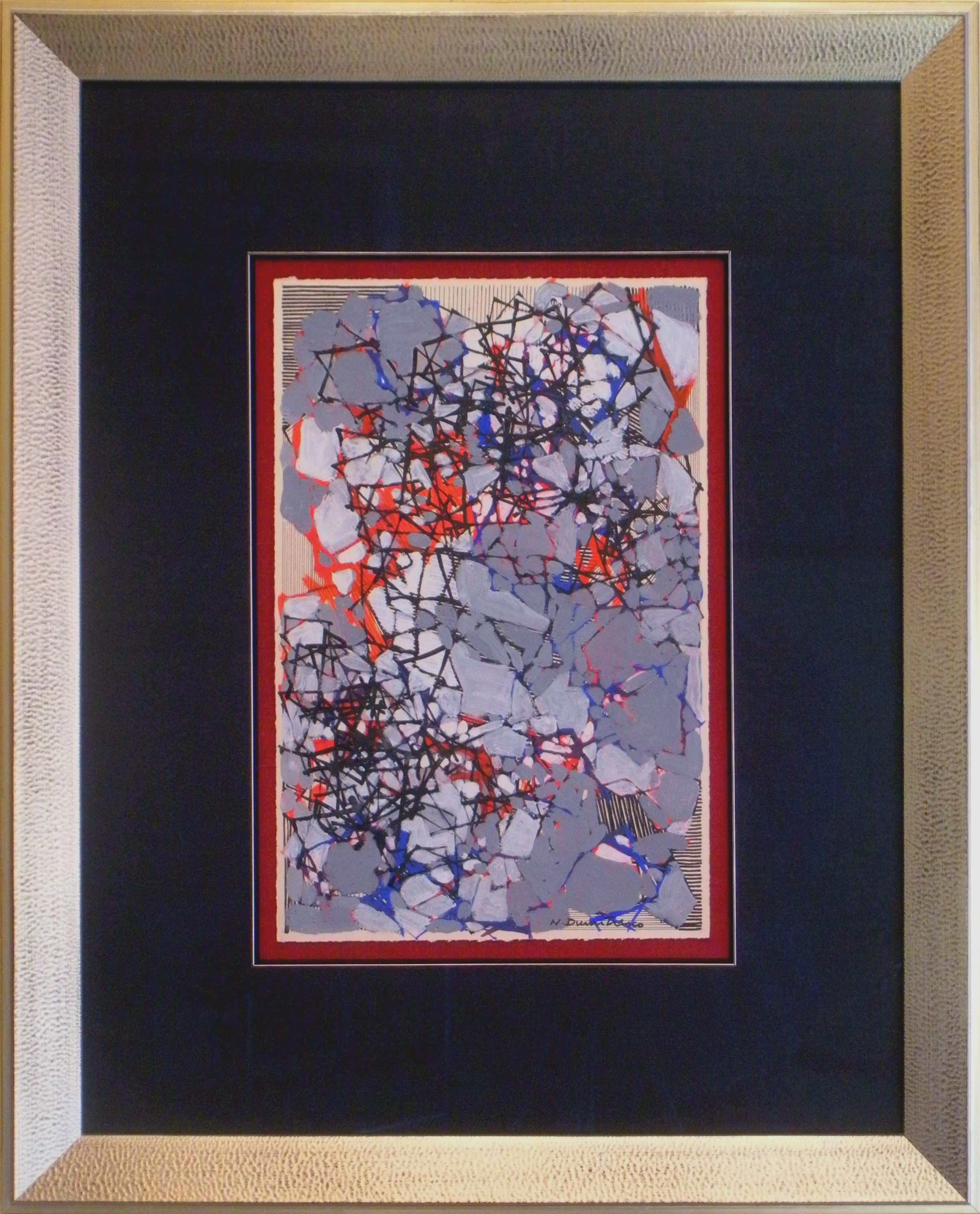 This vertical gouache and ink painting shows the quintessential lyric abstract style of Natalia Dumitresco.  The vivid reds and subdued blues and grays create a tension that makes the work quite engaging. This work is matted in dark blue and framed